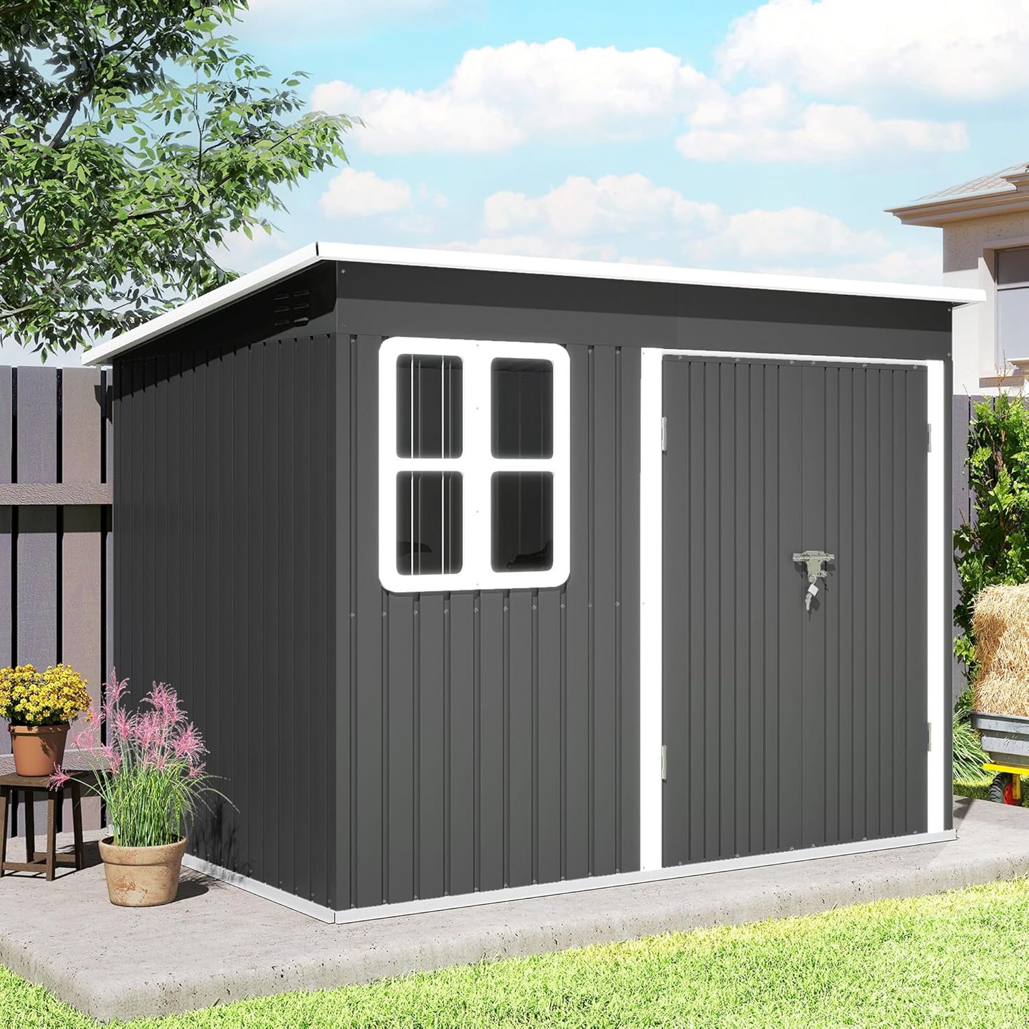 Outsunny Metall Gerätehaus 4,13 m² 260 x 177 x 190 cm Geräteschuppen mit Fenster Pultdach Abschließbarer Tür wetterfest Gartenhaus Outdoor Garten Schuppen Schrank für Hinterhof Außenbereich Dunkelgrau