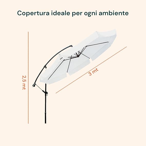 Ombrellone Rotondo ø3m Bianco Con Braccio Laterale In Acciaio E Manovella