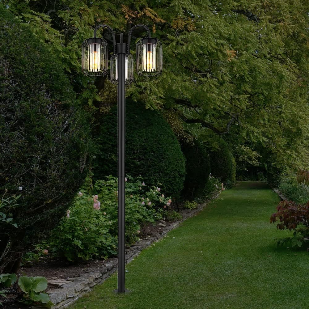 LED Stehlampe Laterne Außenlampe Retro Wegeleuchte Edelstahl Terrassenlampe wetterfest Gartenleuchte, Metallstäbe, schwarz, 3x E27 LED warmweiß, DxH 48,5x180 cm
