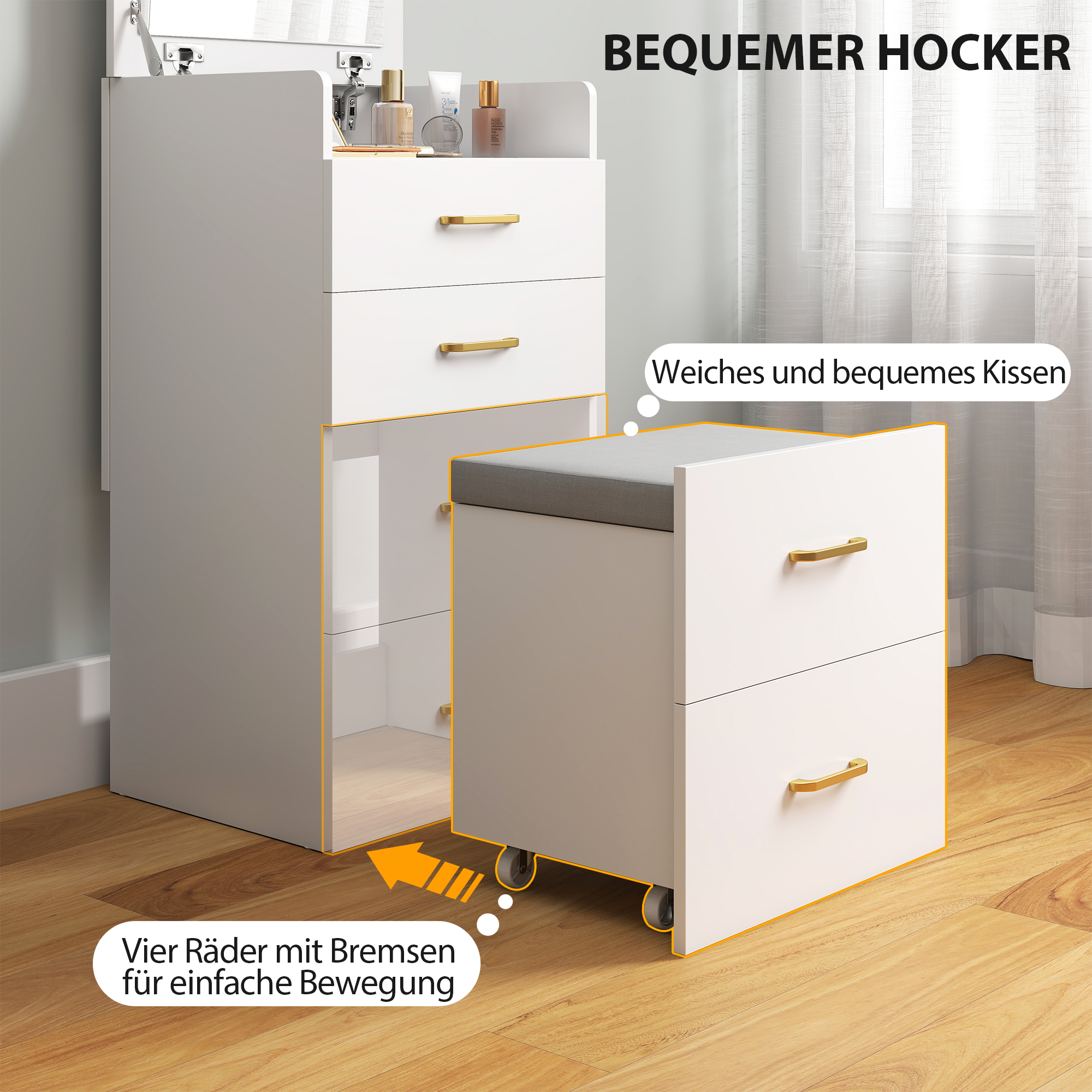 3-in-1 Make-uptafel met Spiegel, Nachtkastje, Rollende Kruk, Lades, Wit