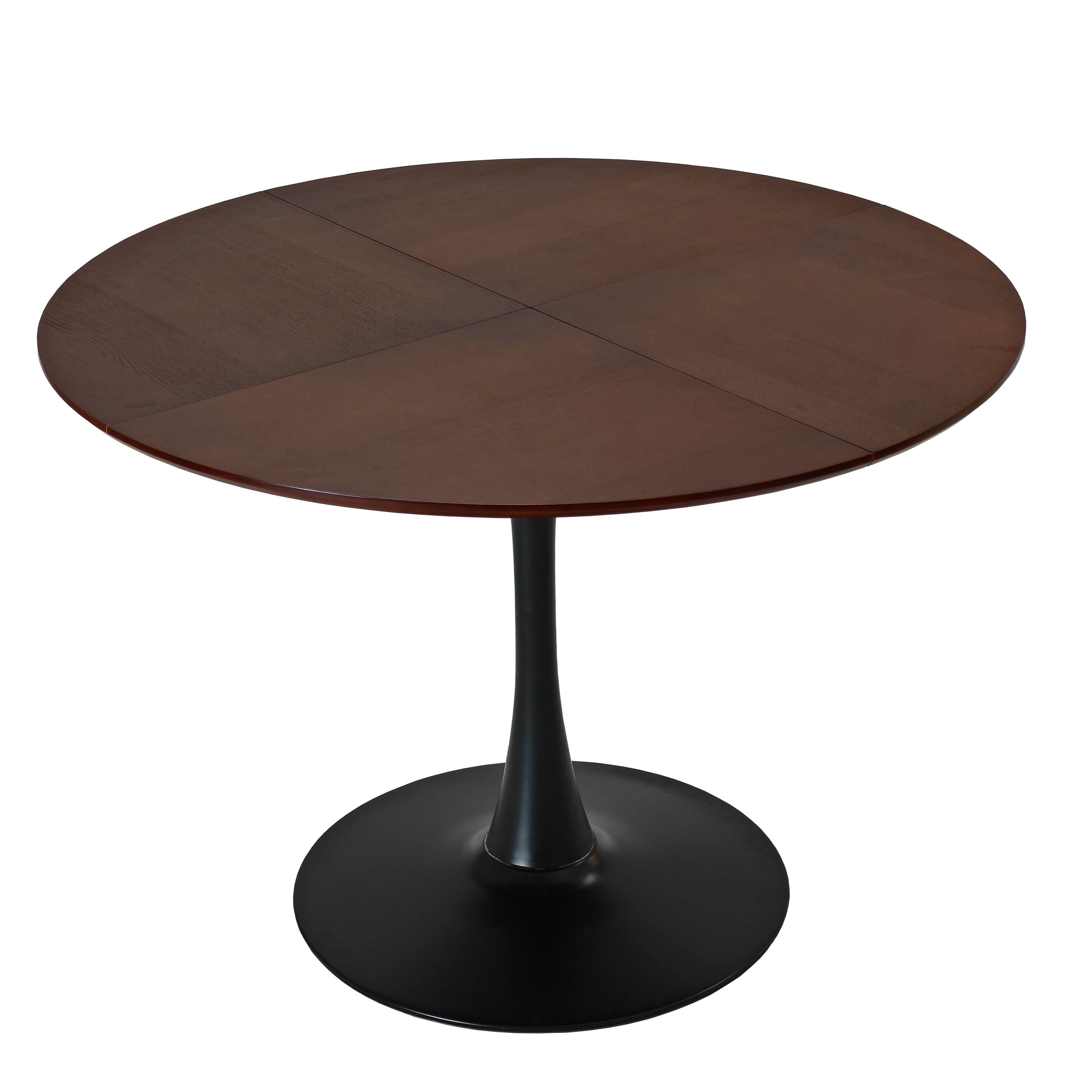 Moderner runder Esstisch, Vier Patchwork-Tischplatten, Metallbasis, 120×120×75 cm, Braun