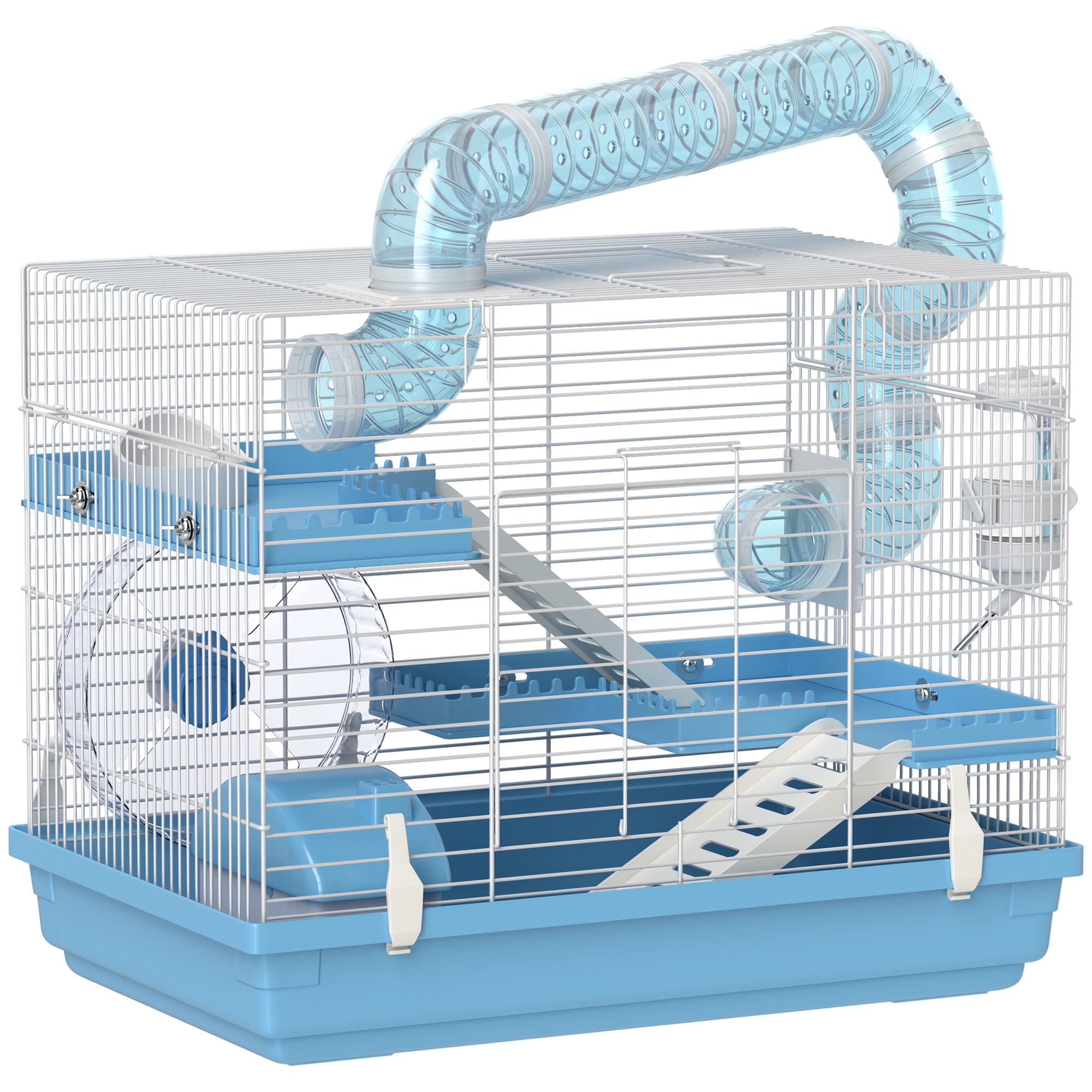 PawHut Tragbarer Hamsterkäfig mit Hütte, Laufrad, Napf, Wasserflasche, 47,5 x 31,5 x 29,5 cm, Hellblau
