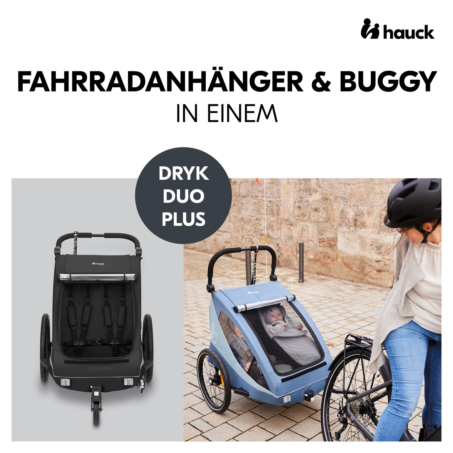 hauck Fahrradanhänger & Kinderwagen Dryk Duo Plus mit Federung, für 2 Kinder (6-48 Monate), inkl. Deichsel, Buggyrad, Fahne und LED Licht, Faltbar, Höhenverstellbar, XL Kofferaum (Dark Green)