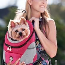 Zaino porta animali rosa e grigio indossato da una persona. Cane di piccola taglia, probabilmente uno Yorkshire Terrier, visibile all'interno della finestra a rete del trasportino