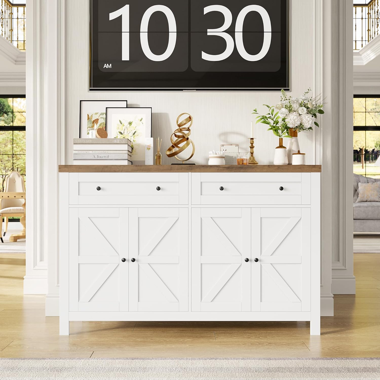 HOCSOK 140 cm Credenza Cucina, Madia Soggiorno Moderna con Ripiani Regolabili, Buffet Mobile con 2 Cassetti 4 Ante, per Soggiorno, Cucina, Ingresso, Multiuso, Bianco