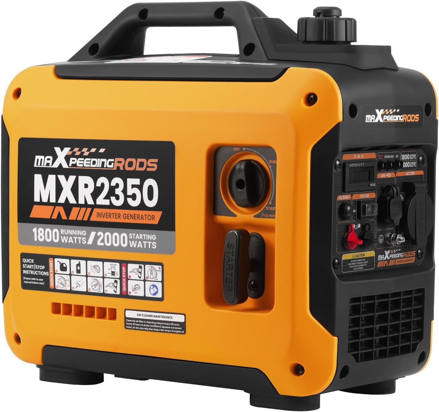 maXpeedingrods Generatore di Corrente Inverter, 2000W, Generatore di Corrente a Benzina, 4 Tempi, con USB e Prese da 230V, Display Gigitale, Compatto e Leggero, per Campeggio, Viaggio RV
