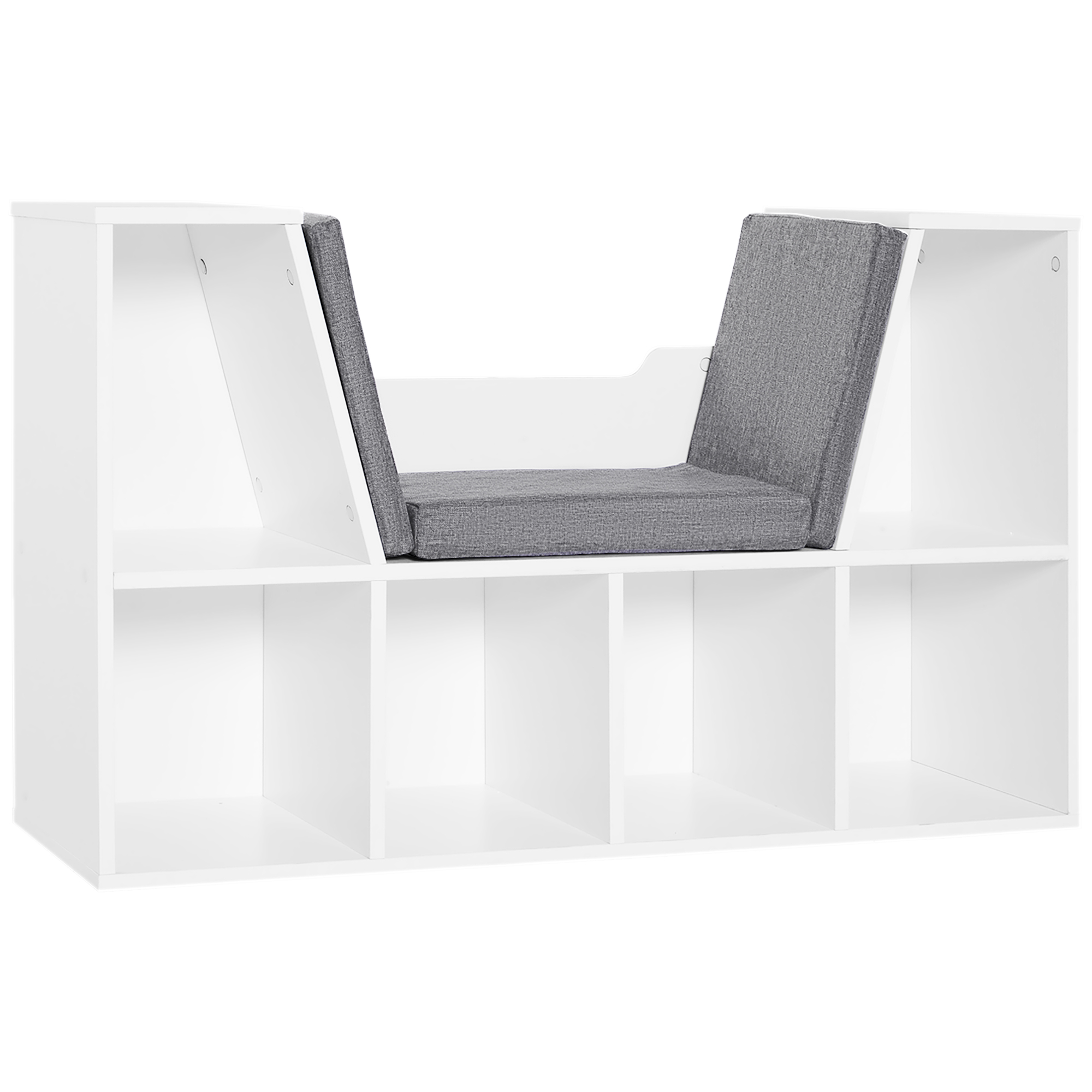 HOMCOM Bücherregal mit Sitzhocker Sitzbank Sitzbänke & -truhen mit 6 Stauräumen für Aufbewahrung Sitzbar mit Kissen Spanplatte Schaumstoff Leinen Weiß+Grau 102 × 30 × 61 cm