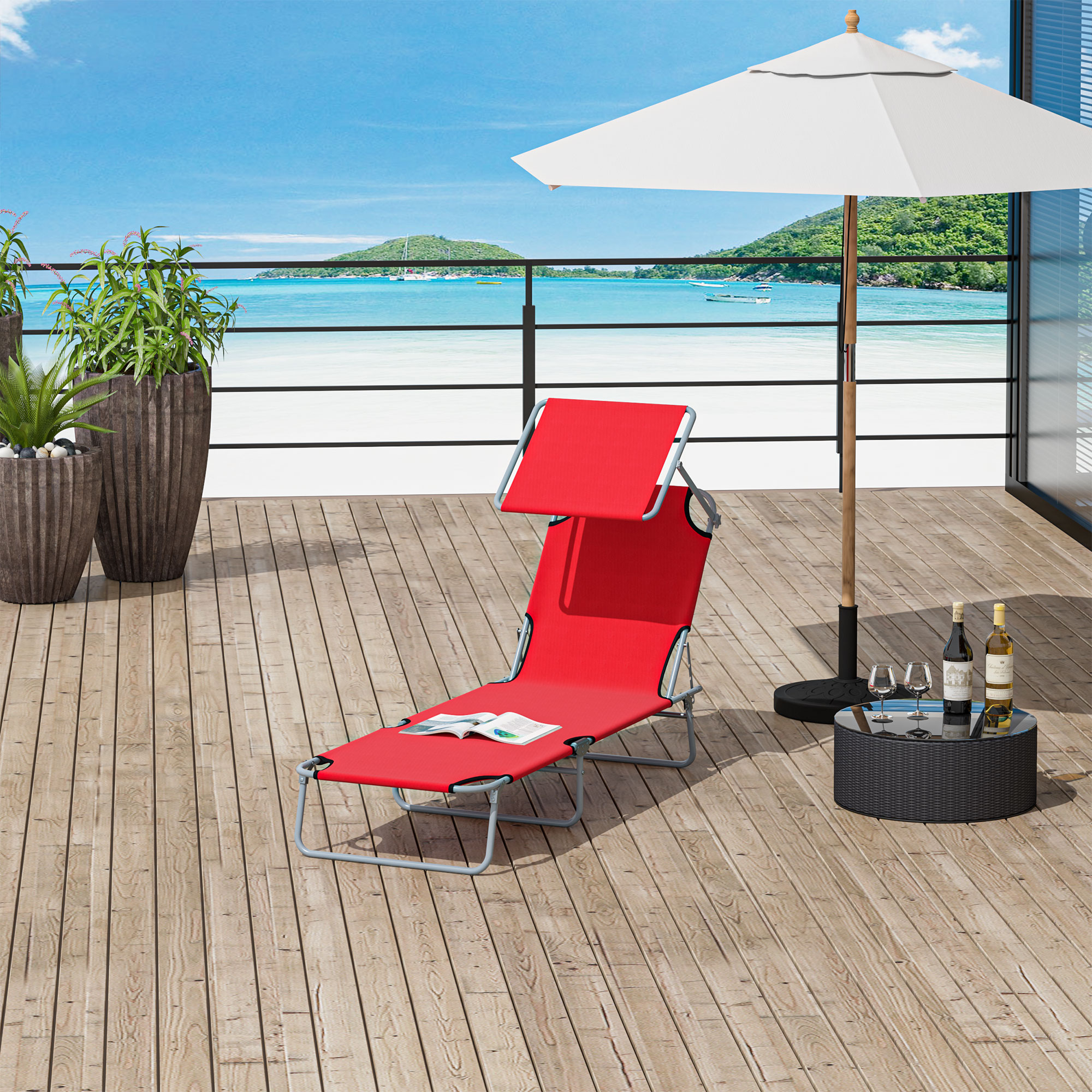 Outsunny Sonnenliege klappbar Gartenliege mit Dach, Liegestuhl mit 4-Fach verstellbare Rückenlehne, wetterfeste Campingliege bis 120 kg belastbar, für Garten Strand Pool, Rot