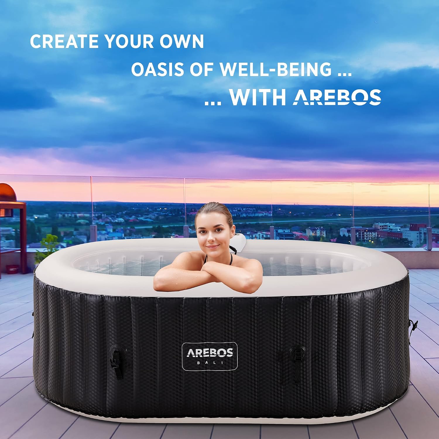 Arebos Whirlpool mit LED Beleuchtung | Aufblasbar | In- & Outdoor | 190x120 cm oval | 2 Personen | 90 Massagedüsen | mit Heizung | 550 Liter | Inkl. Abdeckung | Bubble Spa & Wellness Massage