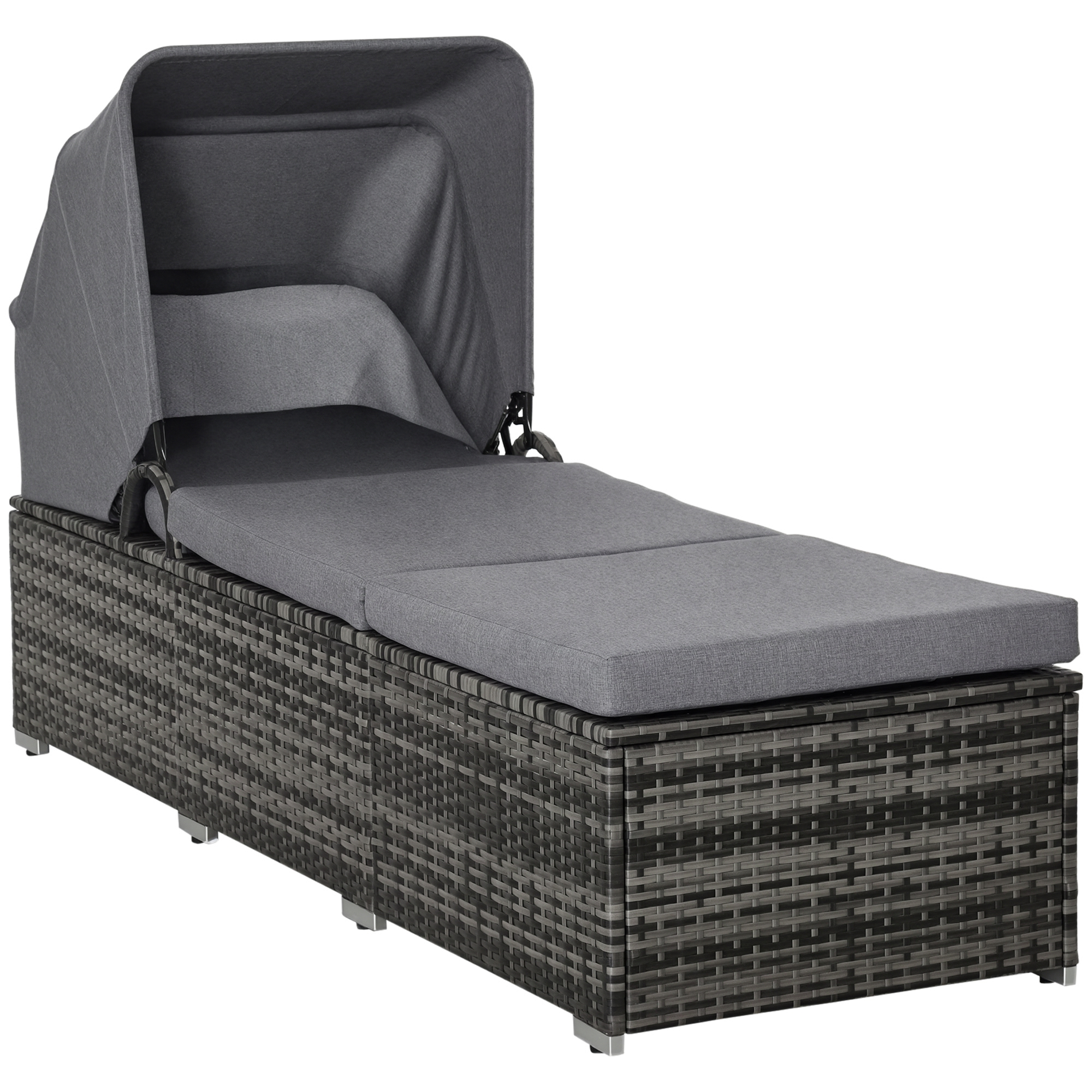 Outsunny Sonnenliege aus Polyrattan mit Sonnendach Gartenliege verstellbar Rattanliege Gartenmöbel Liege mit Kissen Grau 195 x 65 x 40 cm
