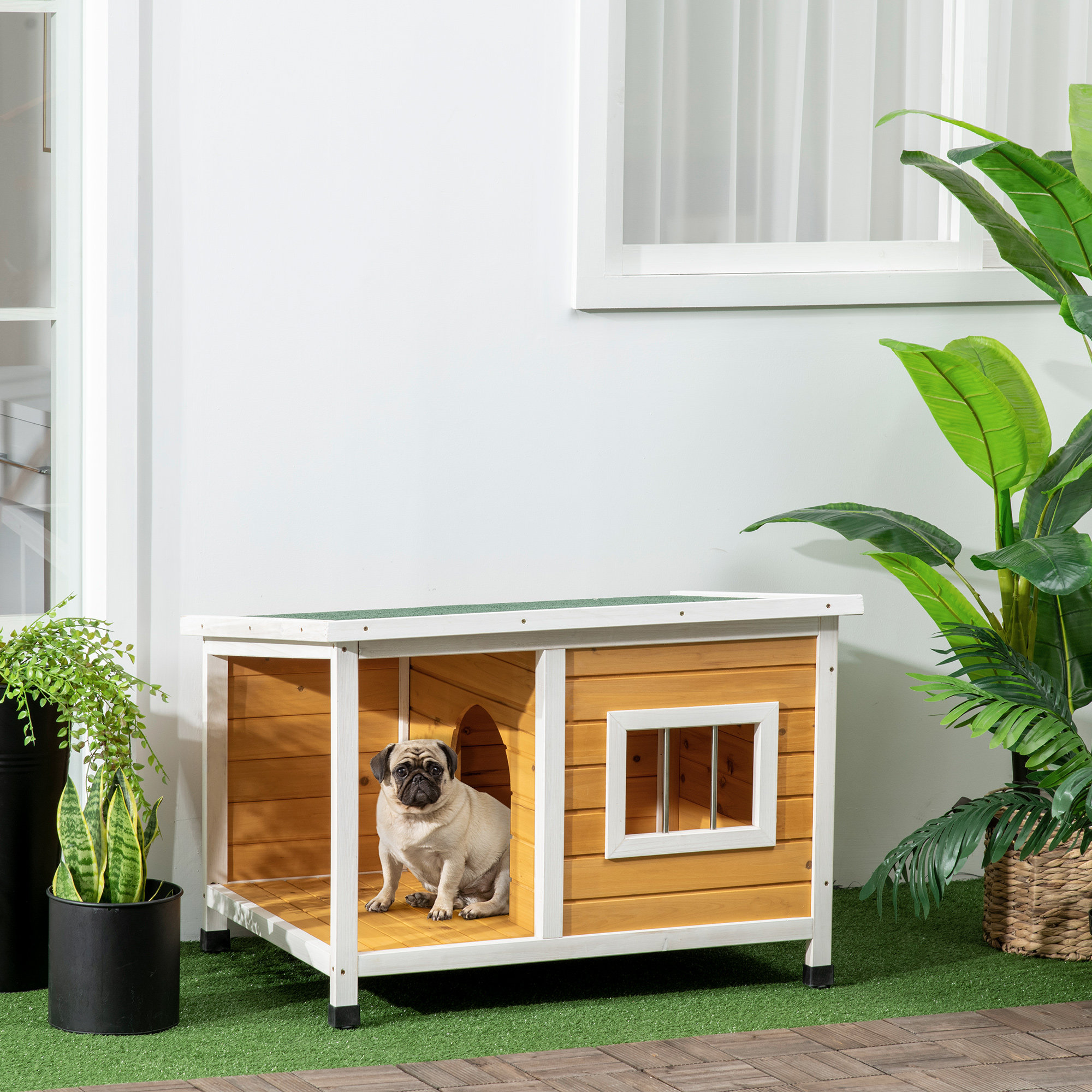 PawHut Hundehütte mit Veranda, aufklappbares Dach, Fenster, verstellbare Füße, Naturholz, orange, 85,5 x 62 x 60 cm