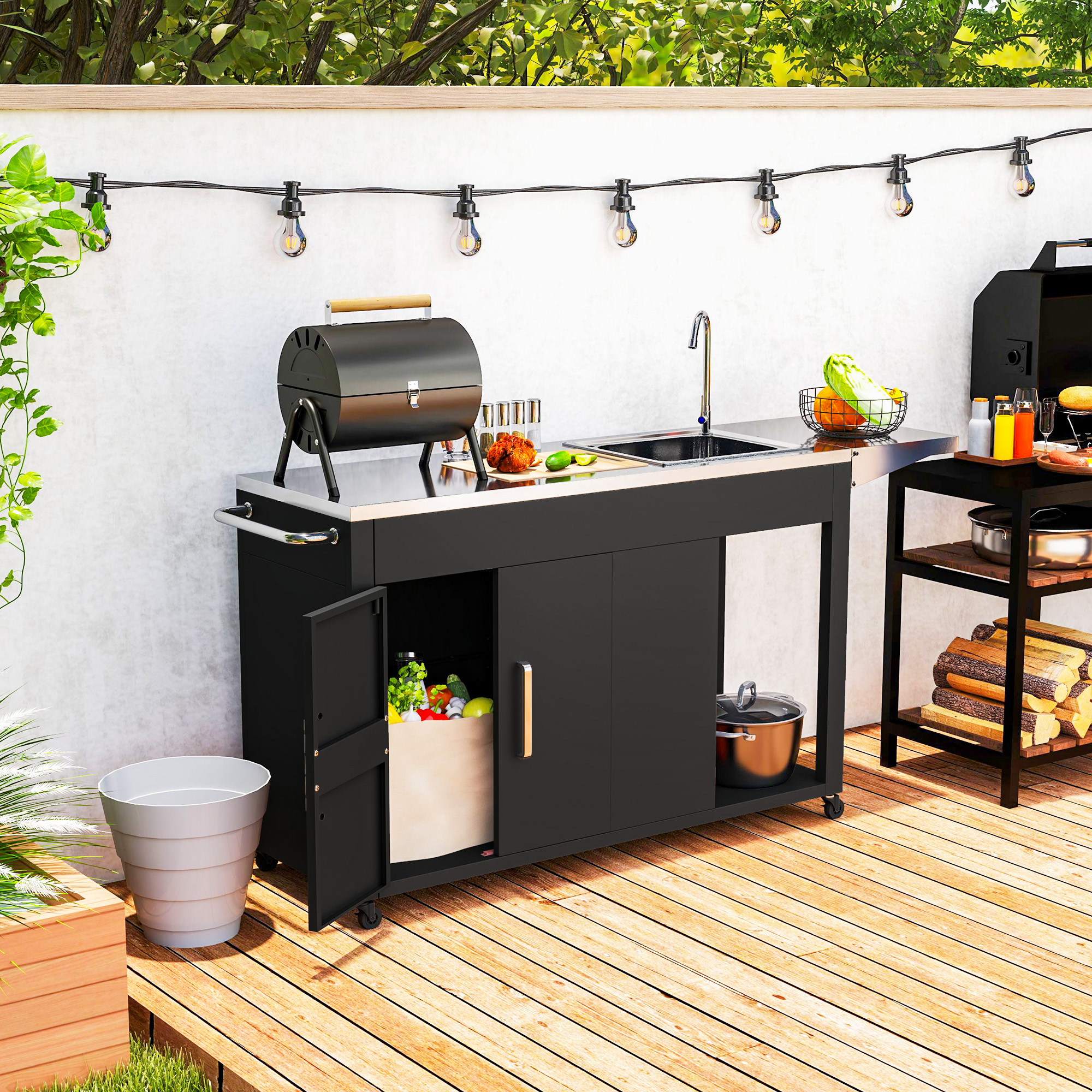 Outsunny Grillwagen Serveerwagen met Werkblad, Uitklapbare Zijplank, Kast, Spoelbak, Wielen, Roestvrij Staal 162,5x47x87cm Zwart