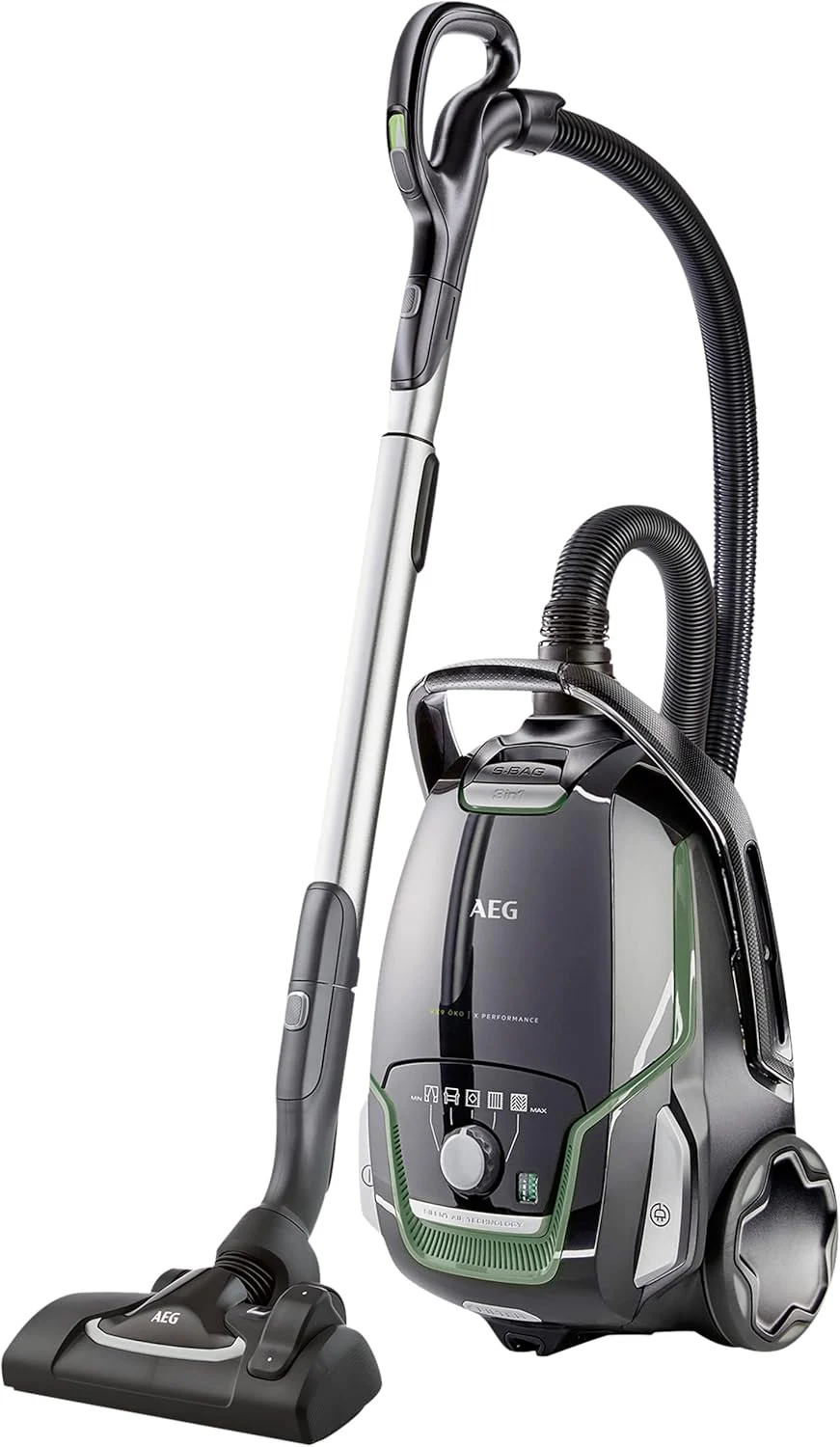 AEG Staubsauger mit Beutel, 70% Recyclingmaterial, inkl. Zusatzdüsen, 12 m, 850 Watt, nur 65 dB(A), 5 l Staubbeutelvolumen, Waschbarer Filter, Neue Technische Version, schwarzgrün, VX9-2-ÖKO