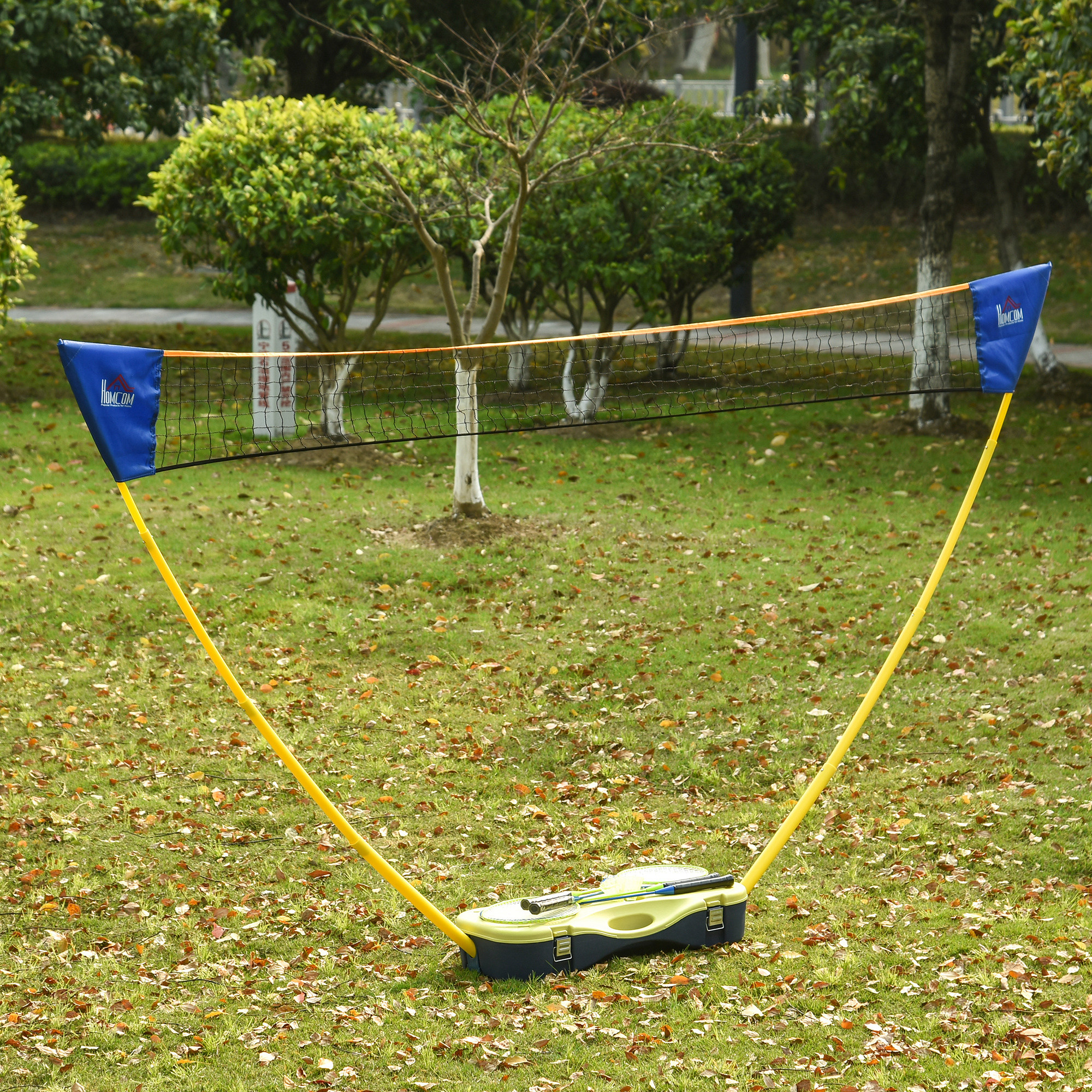 HOMCOM Badminton Netz mit Stand, Badminton-Netzständer, tragbarer Netzständer, Badmintonnetz mit 4 Badminton-Schlägern, Outdoor-Sport, Gelb+Blau, 286 x 33 x 157 cm
