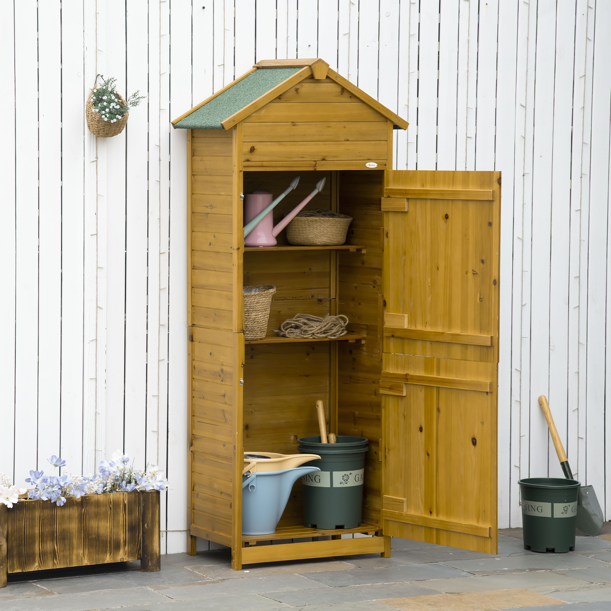 Outsunny Geräteschrank, Gartenschuppen, 2 Regale, 2 Türen, wetterfest, Naturholz, 79 x 49 x 190cm