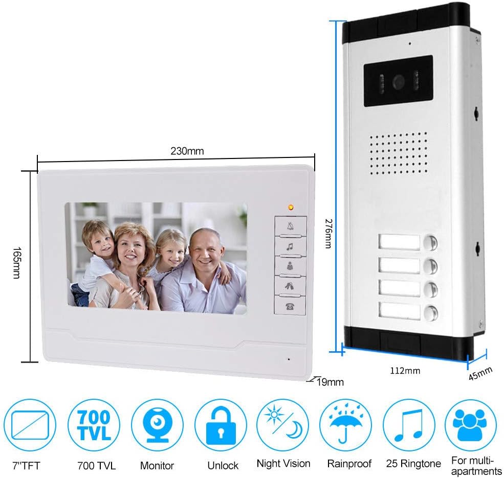 uoweky - Videocitofono cablato 7 TFT-LCD con videocitofono 4 monitor interni + telecamera di visione notturna IR 700TVL ad alta risoluzione per più appartamenti/famiglie