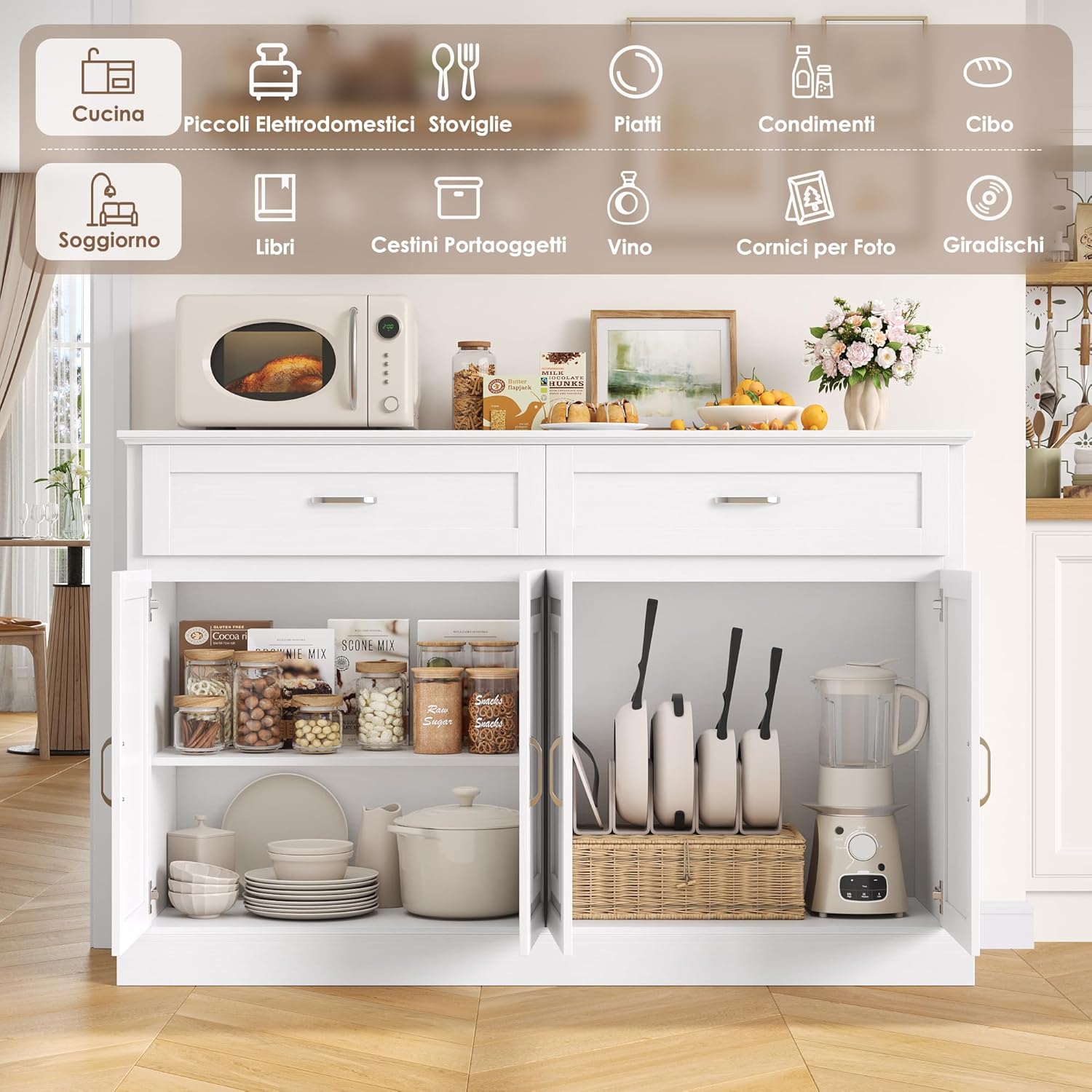 FirFurd 140CM Credenza Cucina,Mobile Cucina con 2 Cassetti e 4 Ante, Madia Soggiorno Moderna con Ripiani Regolabili e Rimovibile, per Cucina, Sala da Pranzo, Soggiorno, 140x39.5x92.2cm Bianco