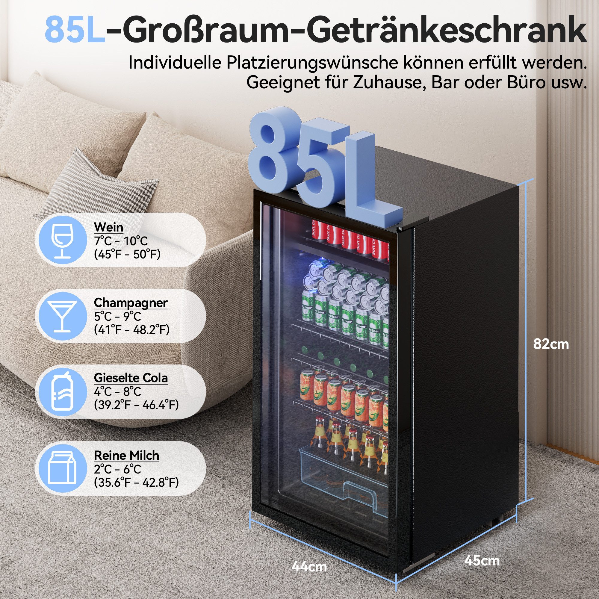 Getränkekühlschrank mit glastür,LED-Beleuchtung, Leiser BC-98
