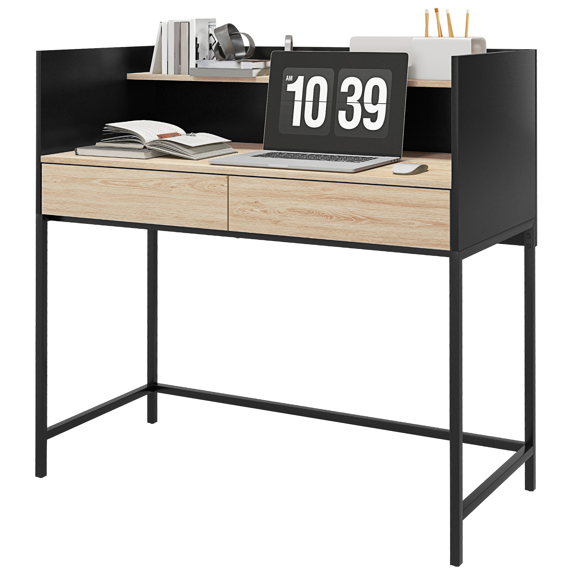 HOMCOM Moderner Design-Schreibtisch, 1 Regal, 2 Schubladen, schwarzes Metallgestell, Holzpartikeln, Maße 106 B x 51,5 T x 102,5 H cm
