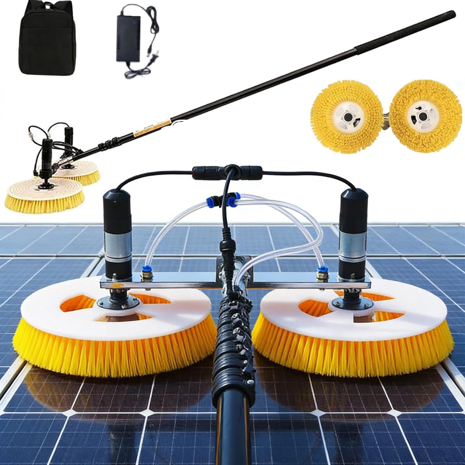 Professionelle Solar-reinigungsbürste für den Außenbereich, Teleskopstange PV -Panel Waschmaschine, Doppelkopf Solar Panel Reinigungsausrüstung Solarreiniger Roboter(Mains Electricity,7.5M)