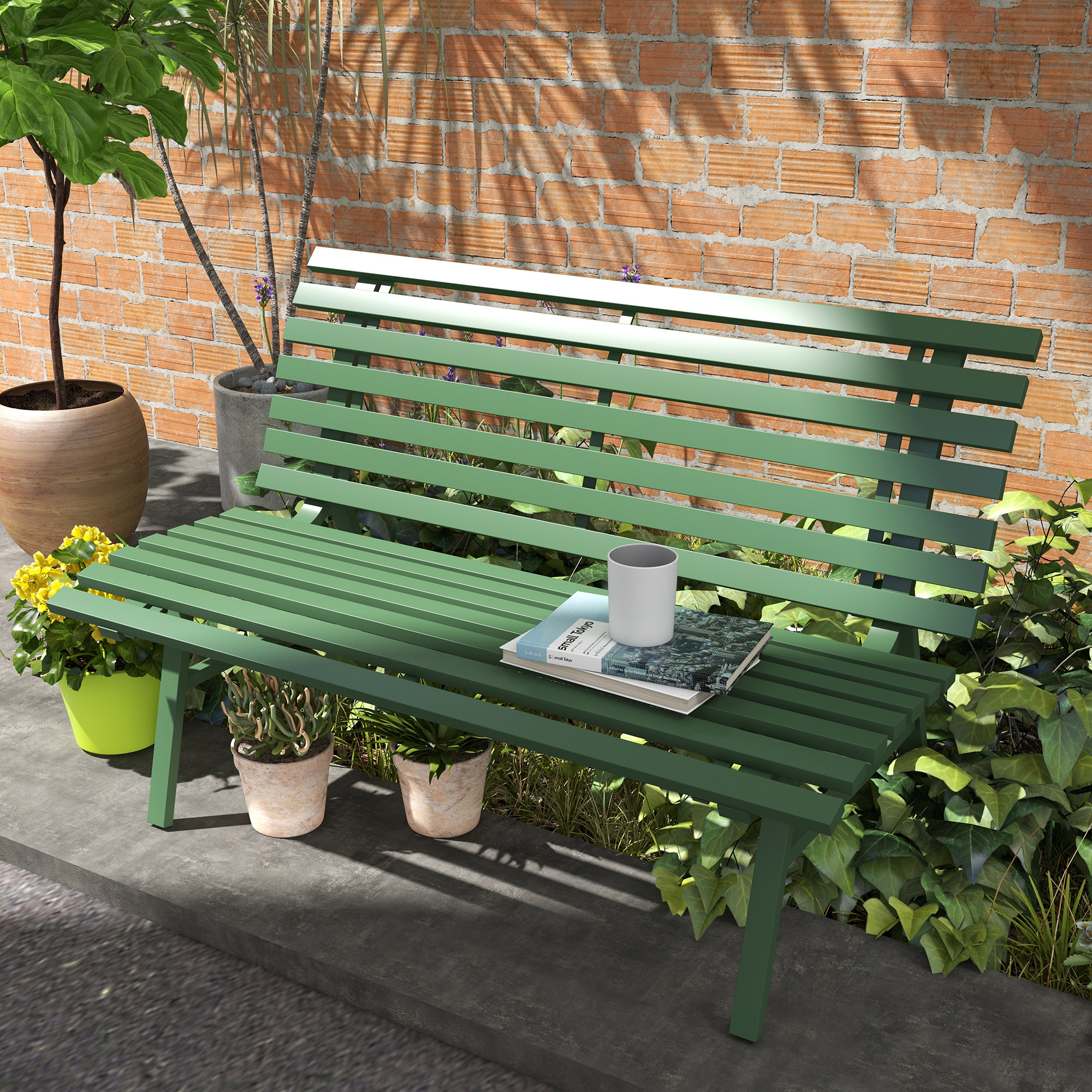 Outsunny Gartenbank Sitzbank Parkbank, Lattendesign, wetterbeständig, Aluminium, 123 x 67 x 79 cm, Grün