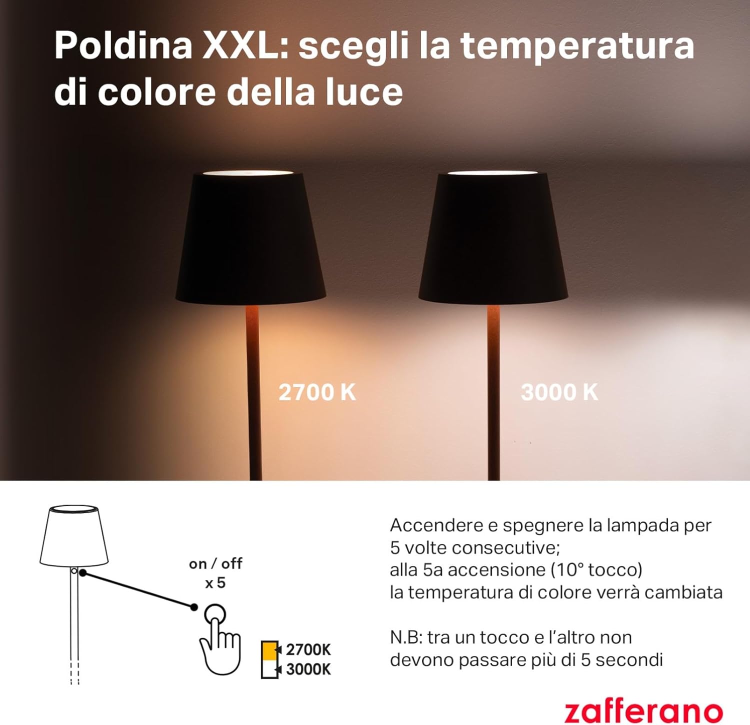 Zafferano, Poldina XXL, Rechargeable and Wireless Floor Lamp with Touch Control, Suitable for Living Room and Outdoor, Dimmer, 2700-3000 K, Adjustable Height 69-150 cm, White
