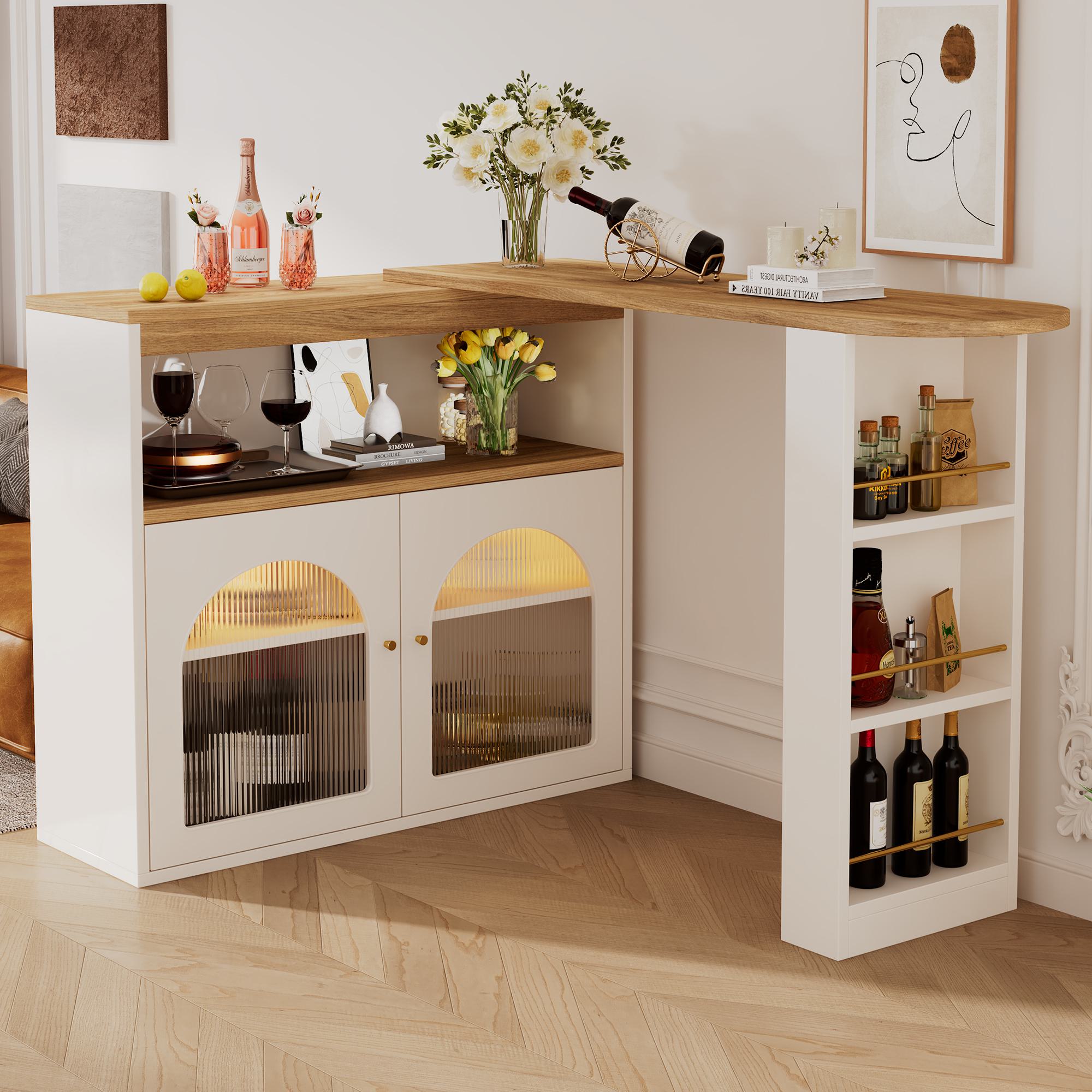 Modern ausziehbarer Bartisch mit integriertem Stauraum, 360-Grad drehbar, LED-Bartisch mit Glasfront für Homebar, Weiß