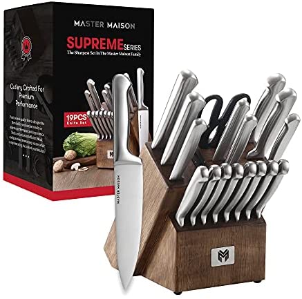 Juego de Cuchillos de Cocina Premium de 19 Piezas con Bloque de Madera | Cuchillería de Acero Inoxidable Alemán Master Maison con Afilador de Cuchillos y 8 Cuchillos para Bistec