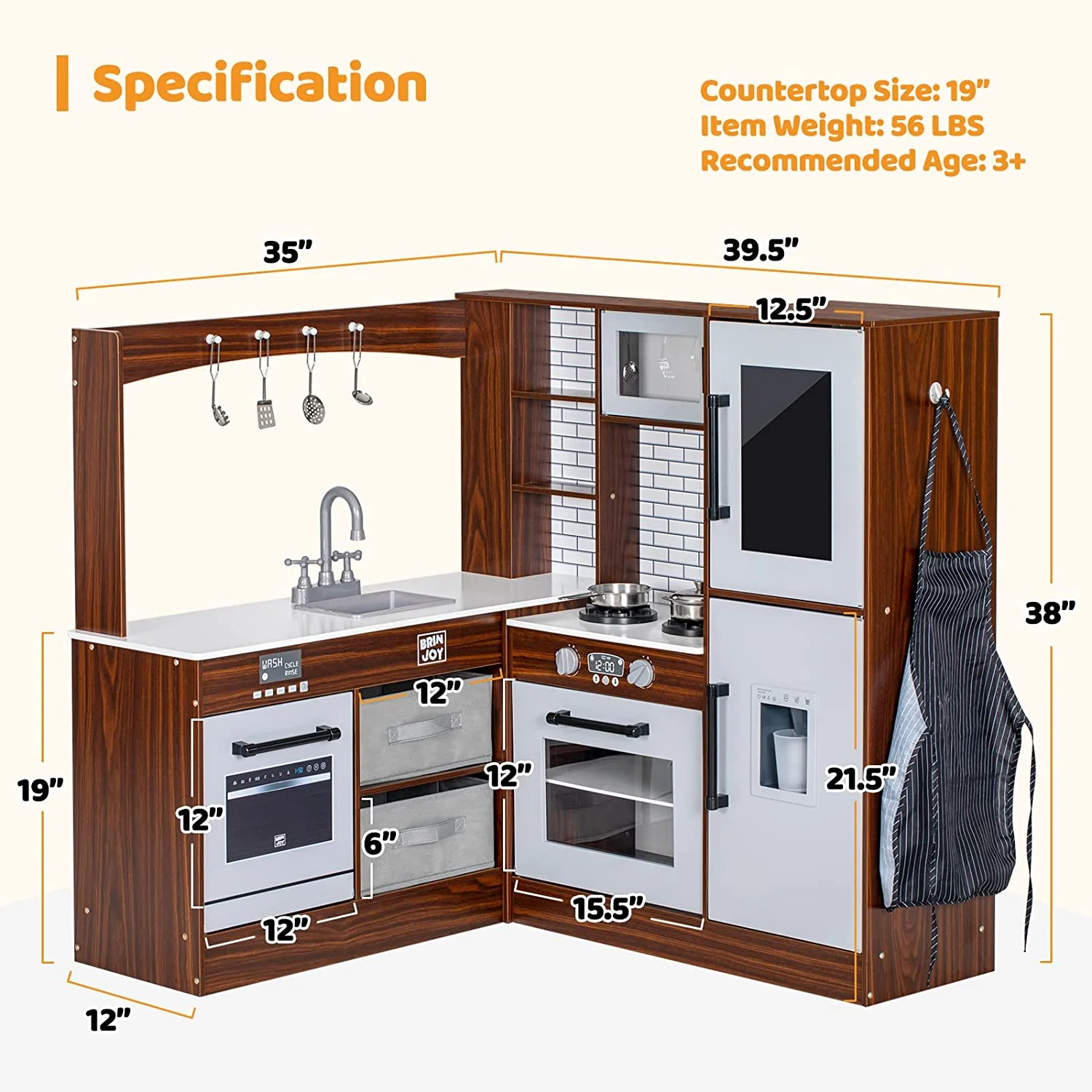BRINJOY Corner Play Kitchen for Kids, Wooden Toddler Kitchen Playset w/ Faucet, Sink, Microwave, Oven, Apron, Blackboard, Storage Cabinets, Pretend Cooking Toys w/ Sound & Light Gift for Ages 3