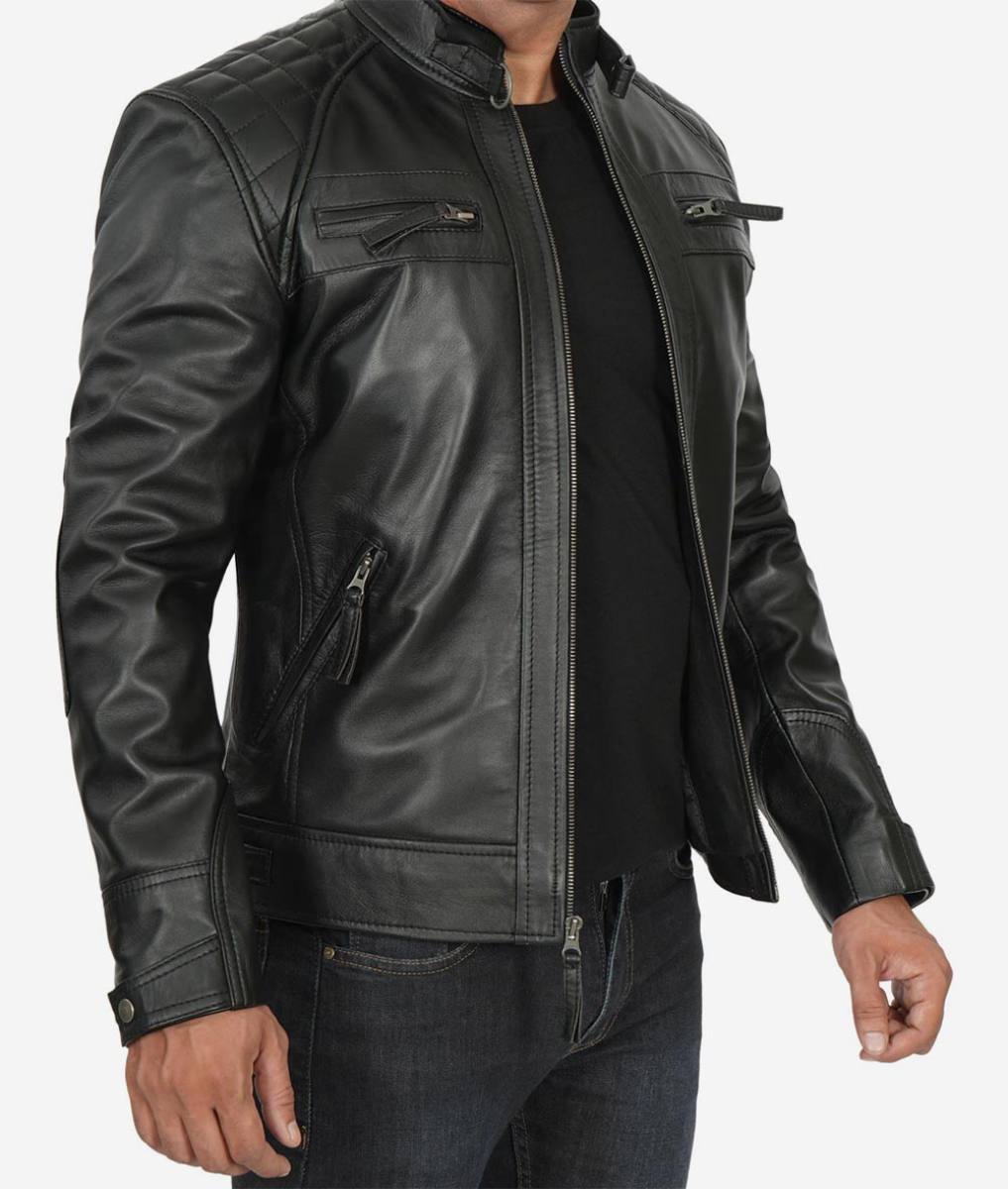 Mens Quilted Shoulder Black Cafe Racer Jacket