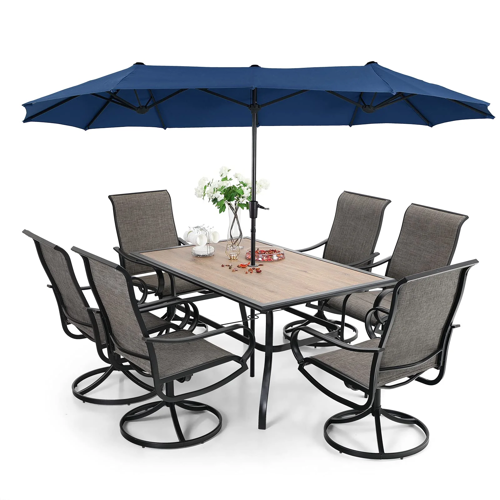 8-delige Patio-eetset met parasol, outdoormeubilair bestaande uit 6 draaibare slingstoelen