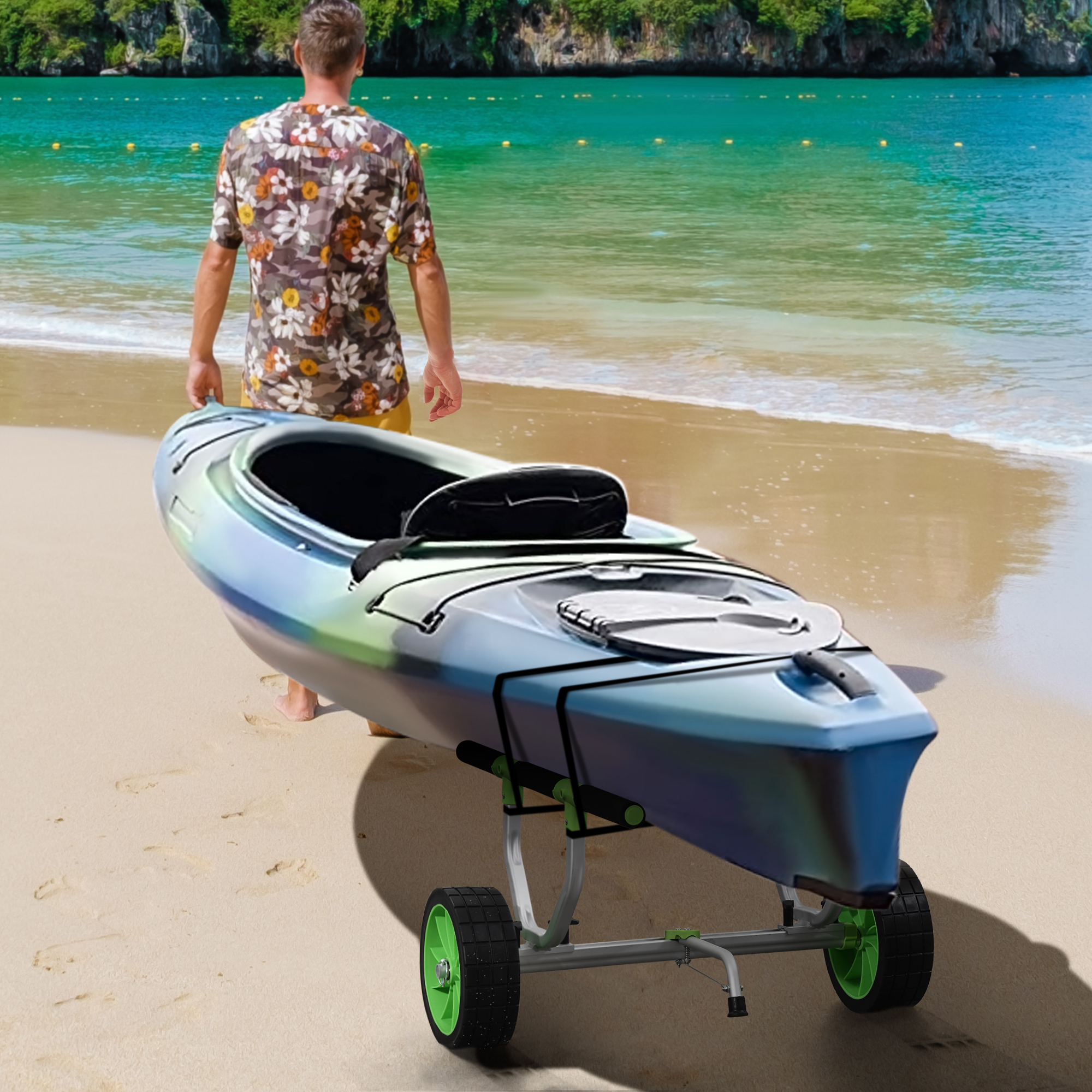 SPORTNOW Bootswagen, verstellbare Breite, bis 100 kg belastbar, Aluminium, schwarz+grün, 79 x 72,5 x 42 cm
