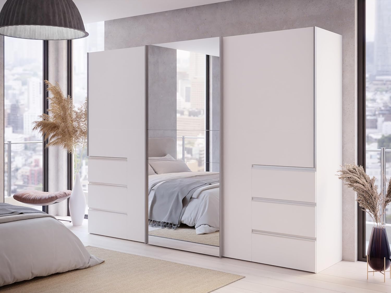 DEINE TANTE EMMA Winn 2 W2QS13332-120 Wardrobe with Sliding Doors and Mirror Approx. 270 x 201 x 58 cm White