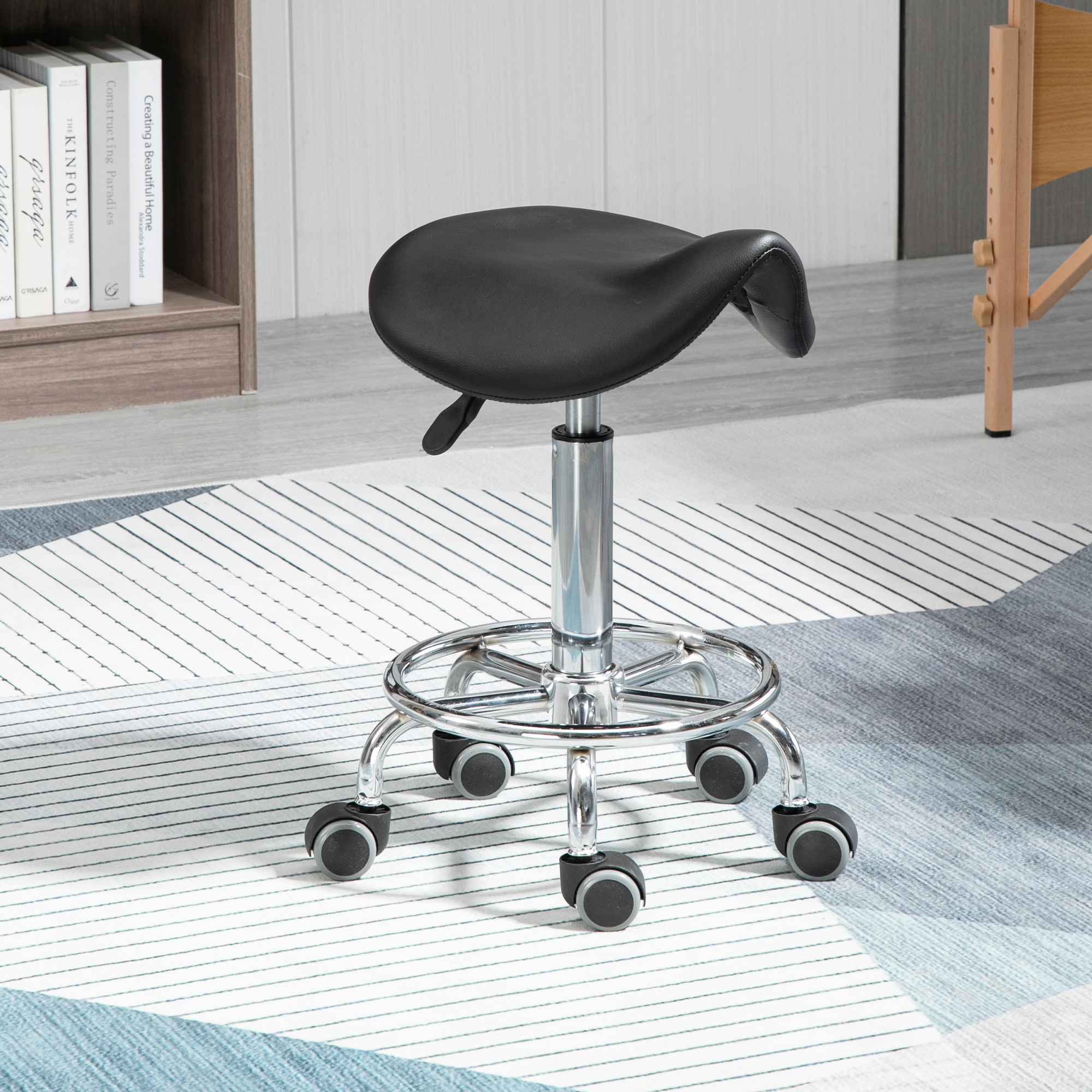 HOMCOM Höhenverstellbarer Hocker mit 5 Rollen und ergonomisch gepolsterter Sitzfläche aus Schaumstoff, 36,5x37,5x51-66 cm, Schwarz