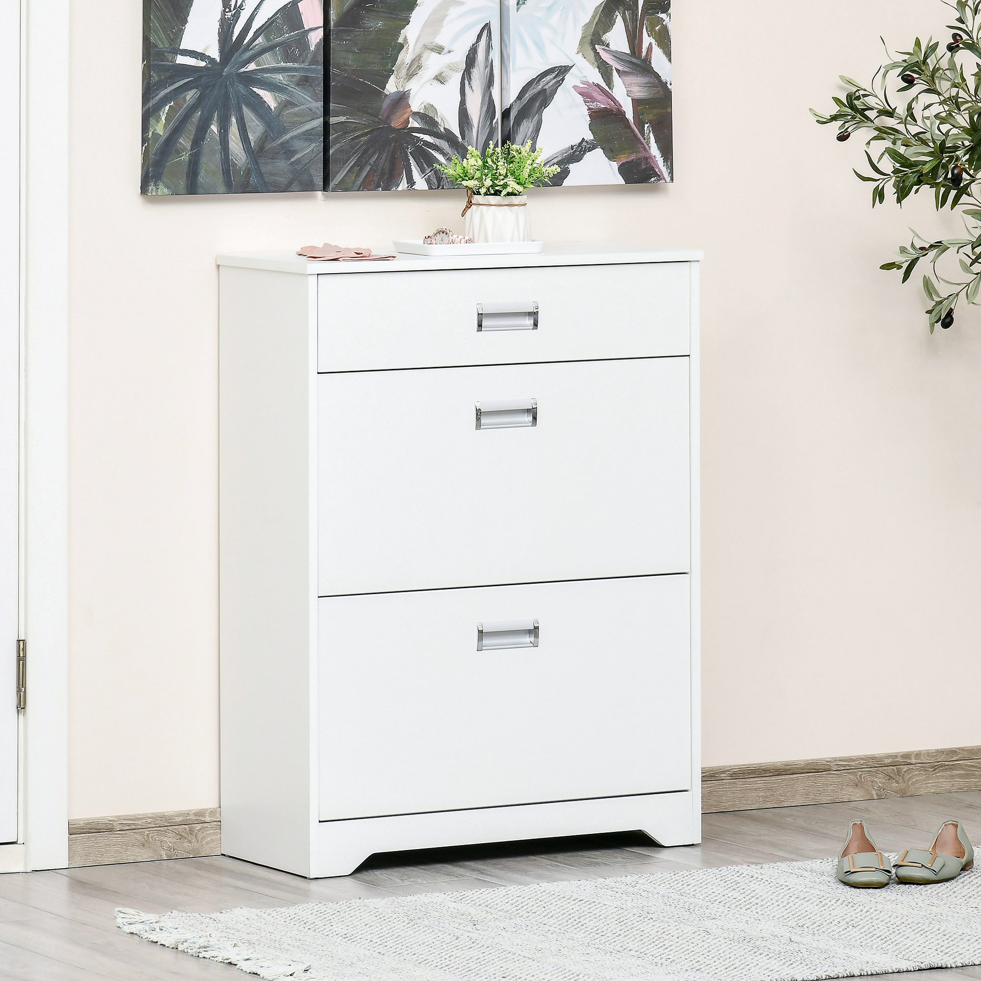 HOMCOM Schuhschrank mit 2 klappbaren Schubladen verstellbares Regal + 1 Schublade bis zu 16 Paare 70B x 29T x 92H Weiß