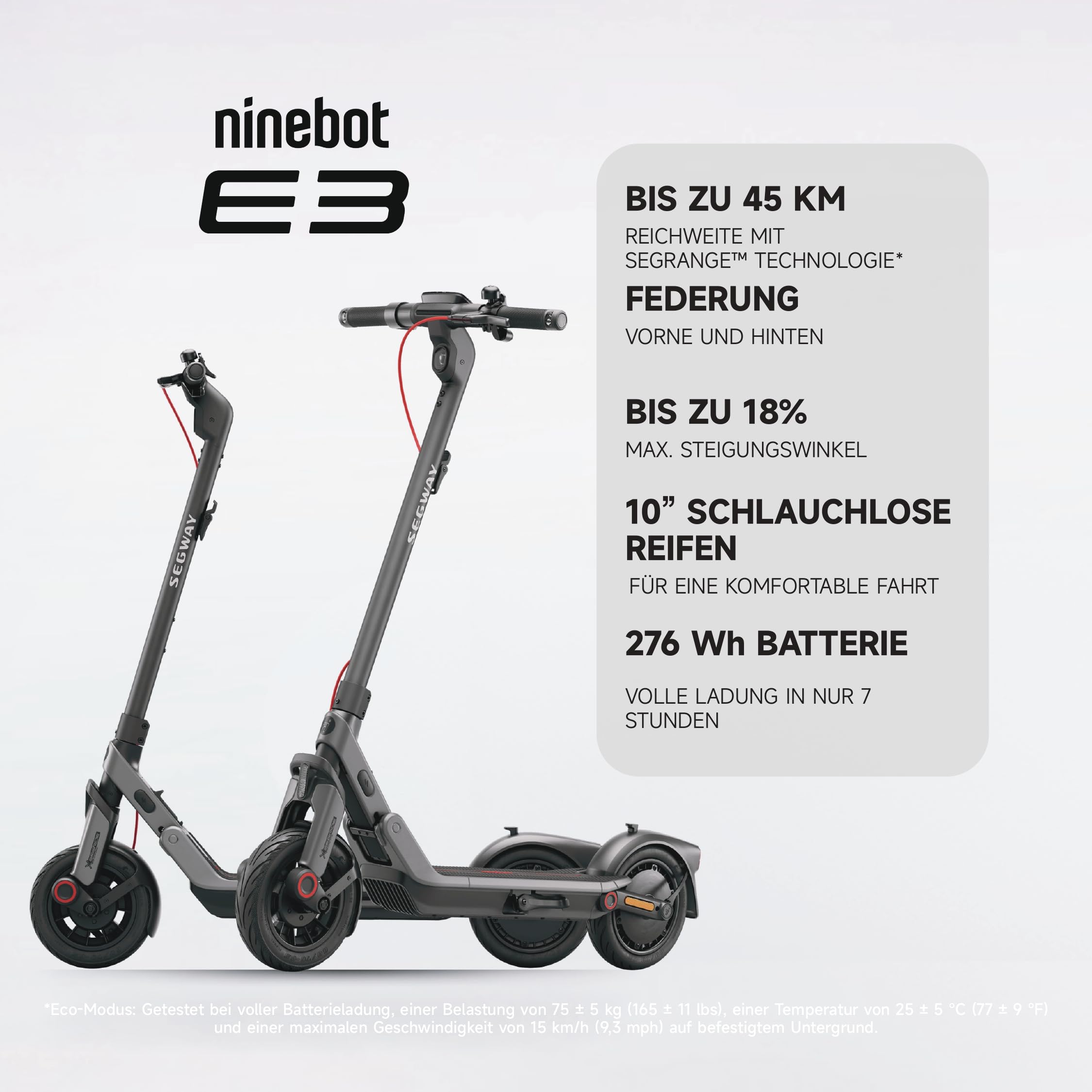 E-Scooter E3 D mit Straßenzulassung 800 W 20 km/h 10-Zoll-Reifen 45 km Reichweite 100 kg Tragkraft IPX5 Federung