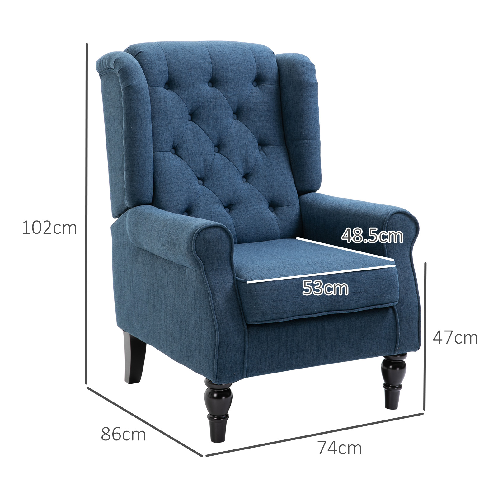 HOMCOM Elegante Oorfauteuil, Dik Gepolsterd, Afneembare Hoes, 74 x 86 x 102 cm, Blauw