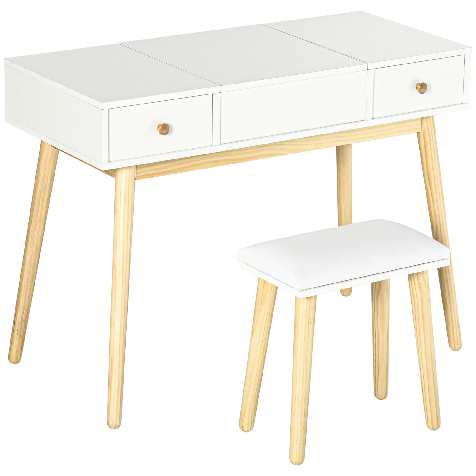 HOMCOM Frisiertisch-Set mit klappbarem Spiegel und Hocker im skandinavischen Stil, 2 Schubladen, 100 x 45 x 118 cm, weiß
