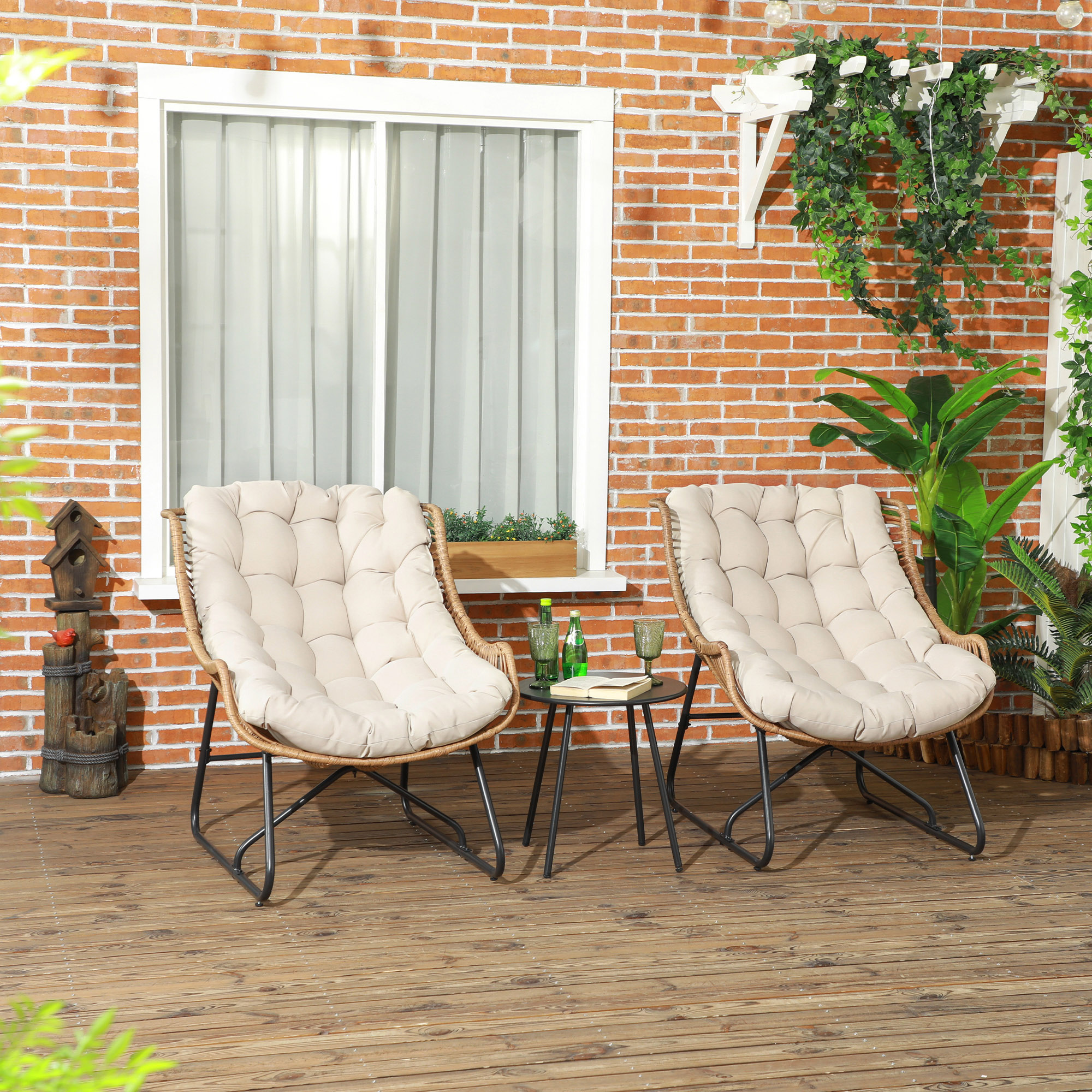 Outsunny Gartenbistro-Set Gartenbistro-Set 3-teilig aus Stahlrahmen 2 Stühle 1 Beistelltisch mit Kissen inklusive Kaki