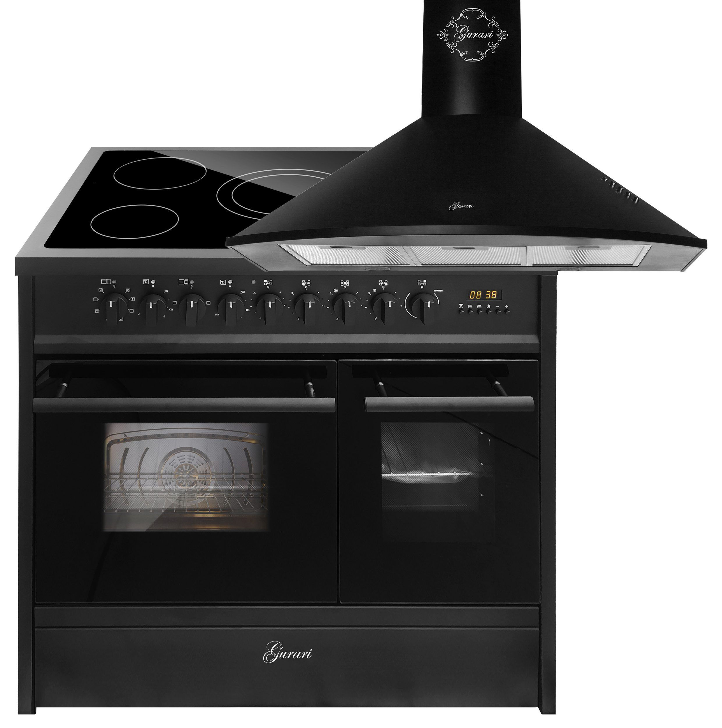Elektro-Standherd Elektro herd 90 cm, Doppelbackofen, Schwarz, Range Coocker 90 cm mit Dunstabzugshaube 90 cm 1000m³/h Wandhaube Schwarz GCH E 912 DF BL+GCH 046 BL 9
