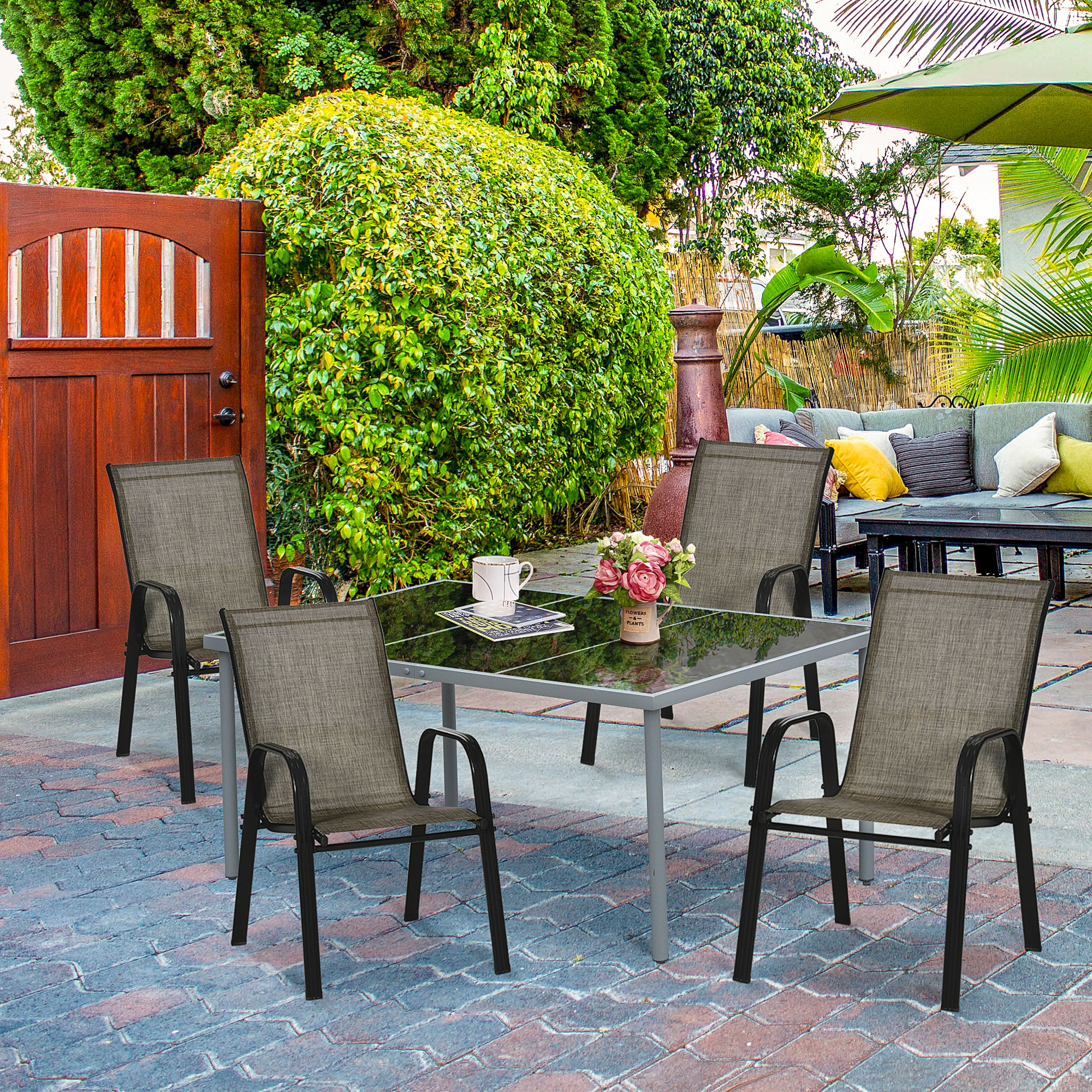 Outsunny Gartenstuhlset 4 Stück, Stapelbare Gartenstühle aus Metall und atmungsaktivem Netzgewebe, Braun