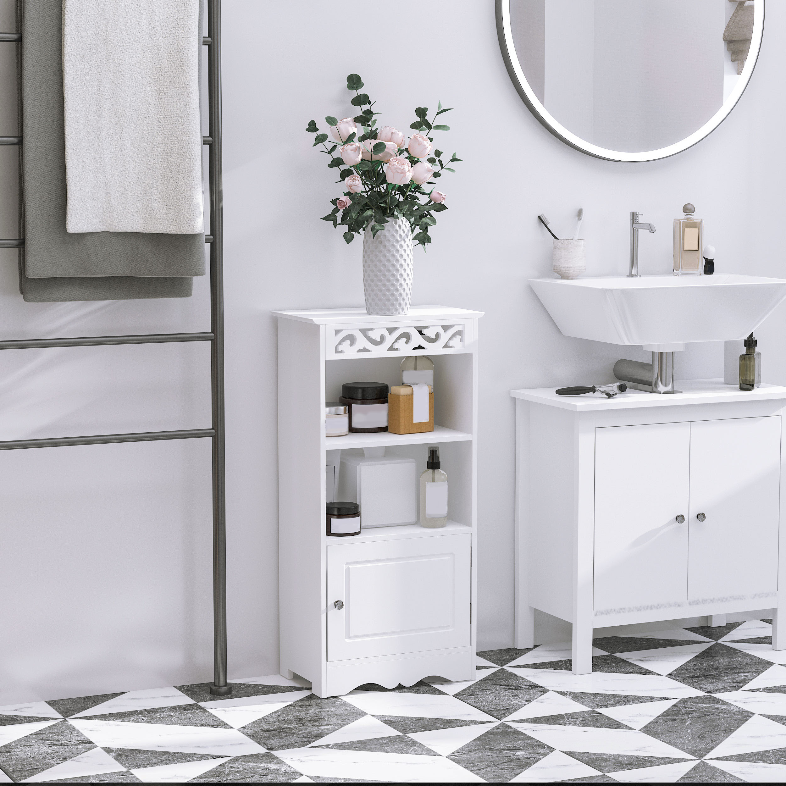 HOMCOM Sideboard, Küchenkommode mit 3 Fächern, Badschrank, Aufbewahrungsschrank, Küchenschrank, Beistellschrank für Wohnzimmer, Schlafzimmer, Weiß, 40 x 23 x 80 cm
