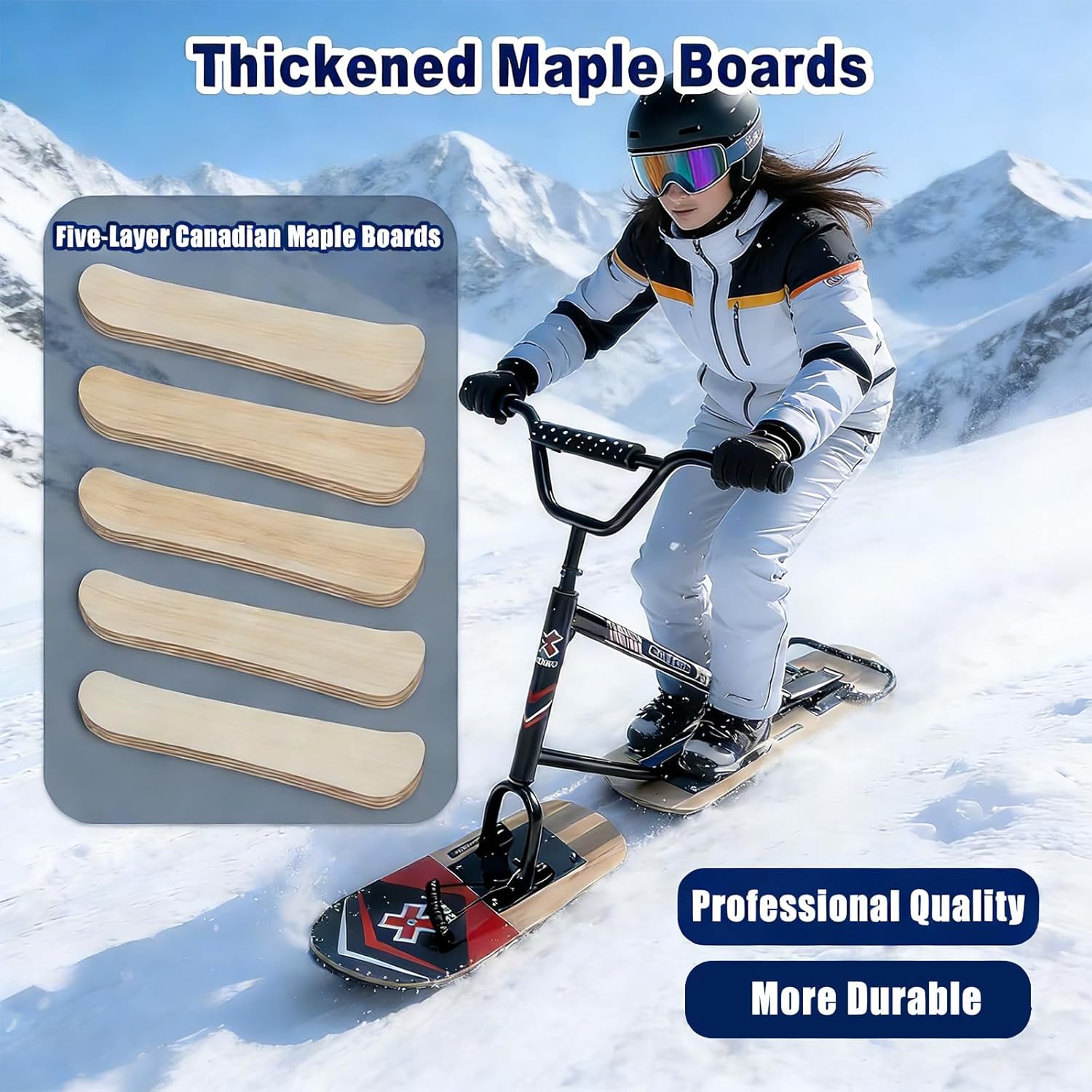 Schneescooter-Schlitten für Erwachsene, Gleitski-Snowboard mit Gummigriffen, Snowboard-Schlitten,Sportarten, professionelles Schneemobil für jedes Gelände, Tragkraft 100 kg Black