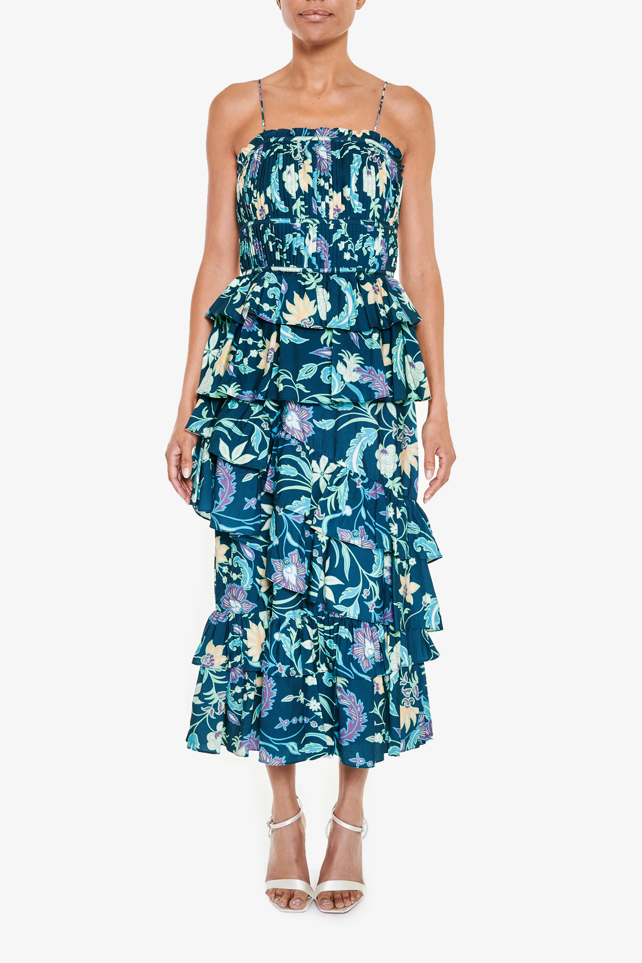 Petrol Blue Folk Floral Midi Dress