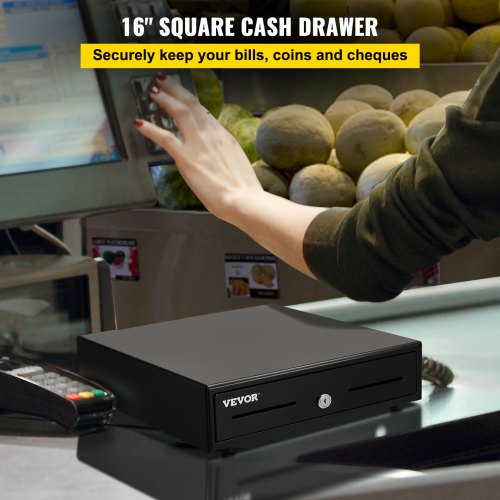 VEVOR Kassenschublade Kassenlade 16 Zoll quadratische Geldschublade 2 Entriegelungswege Schwarz 5 Geldscheinfächer & 8 Münzfächer für Lebensmittelgeschäft Bank Büro Café Supermärkt Bar