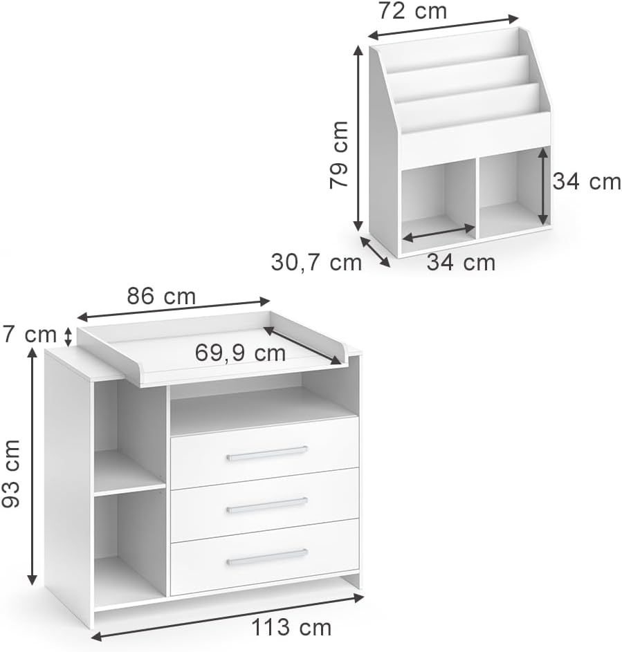 Vicco Set per cameretta Oskar, Bianco, 2 parti, con fasciatoio e libreria