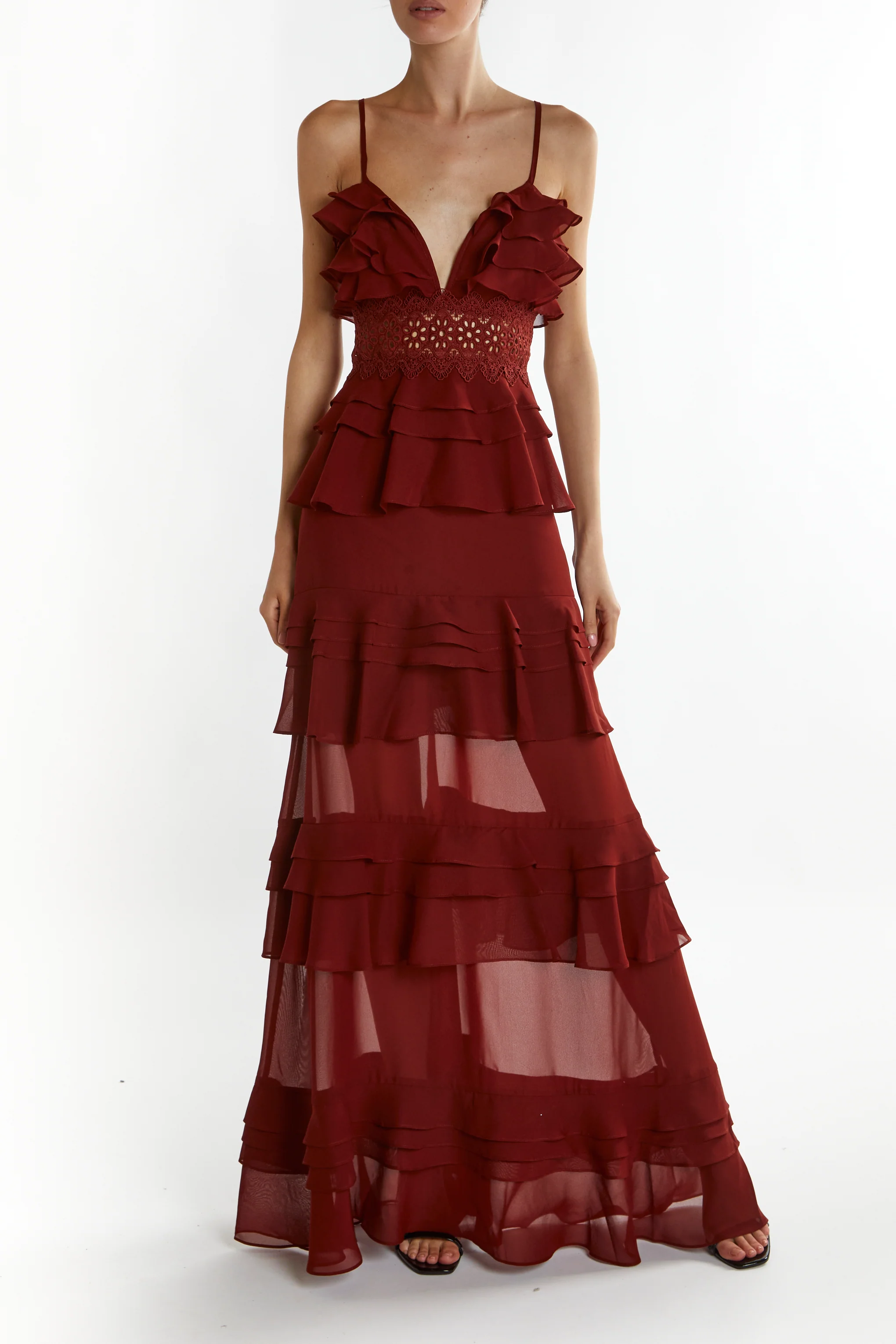 Sophia Burgundy Deep Plunge Layered Ruffle Maxi Dress