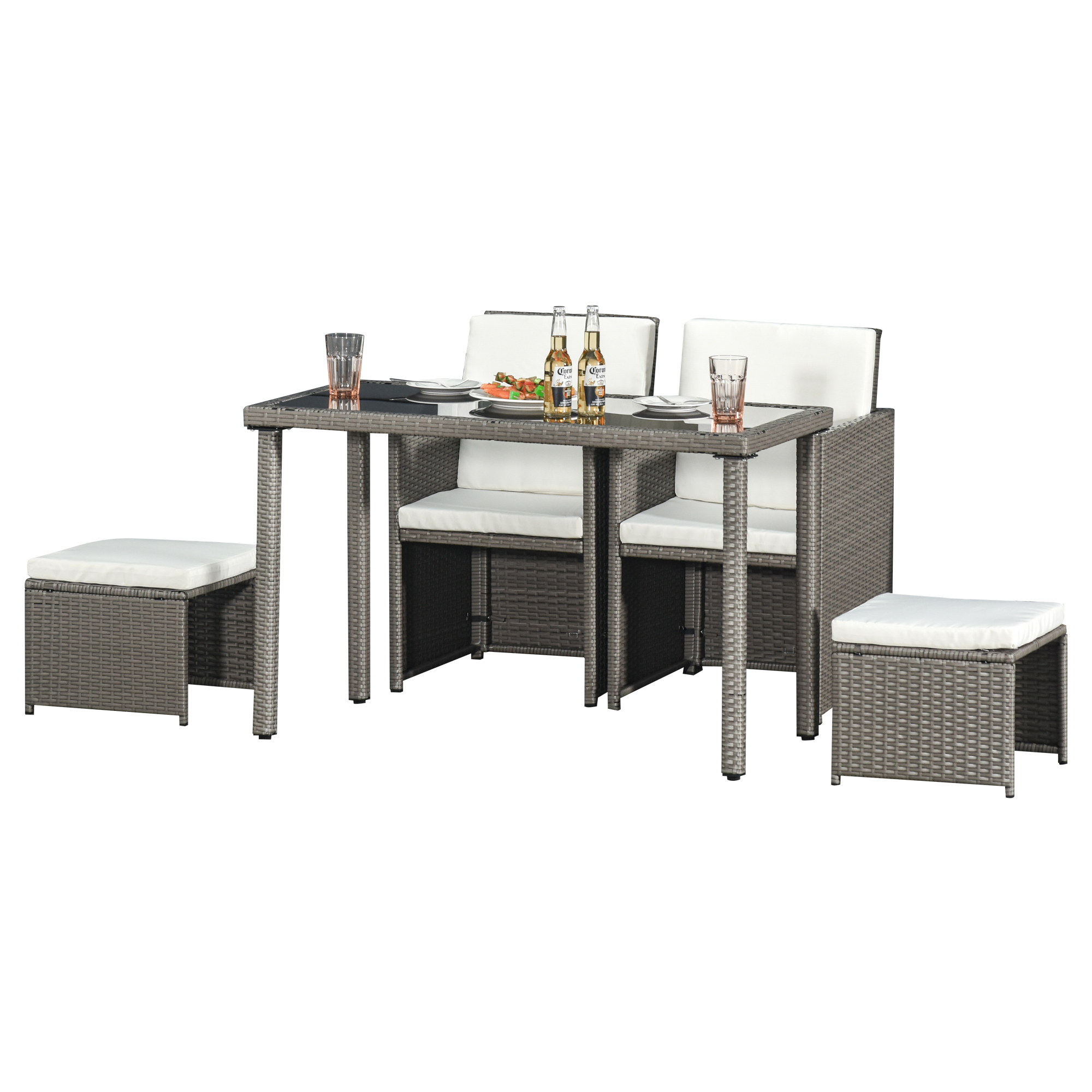 Outsunny Gartenmöbel Set mit großem rechteckigem Tisch, 2 Stühlen und 2 Hockern, abnehmbaren waschbaren weißen Kissen, Kunststoffgeflecht in Grau-Rattanoptik