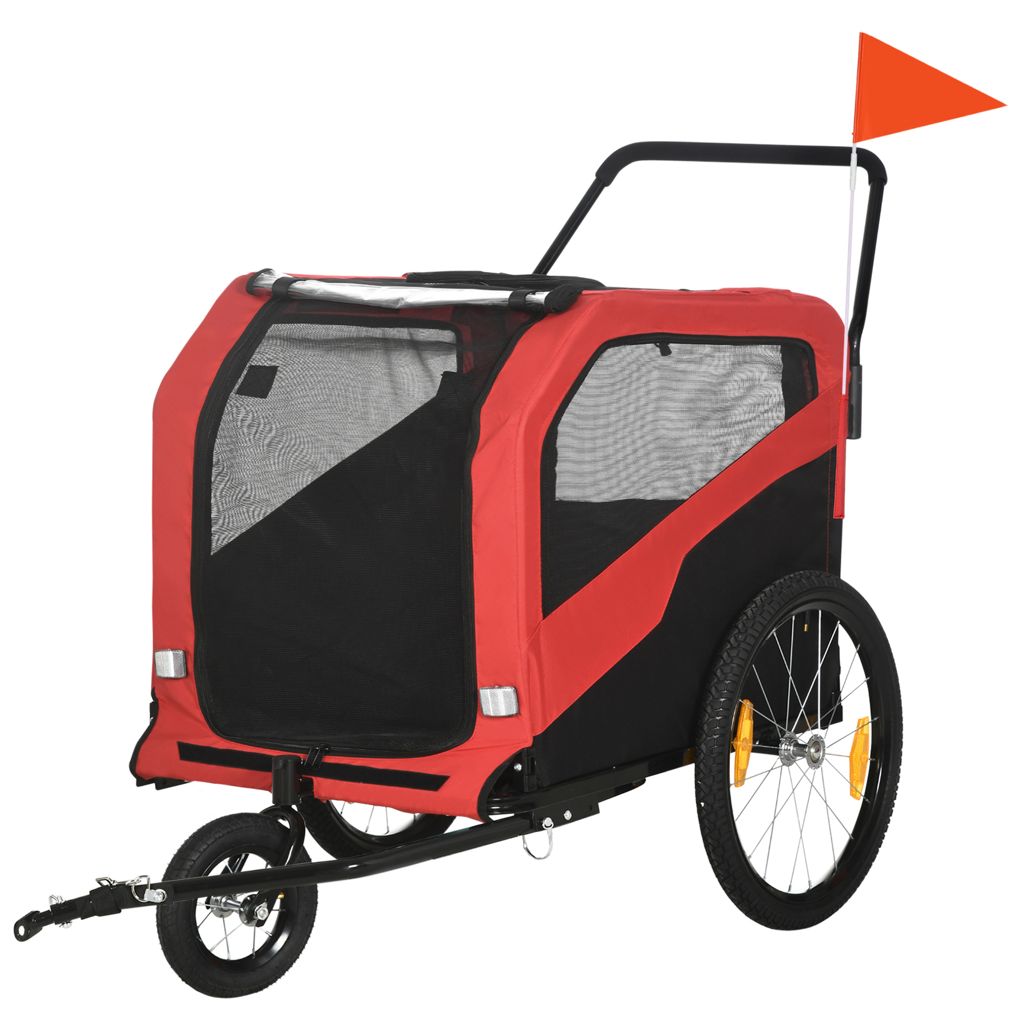 PawHut 2-in-1 Hundeanhänger Hundebuggy bis 30kg klappbar und lagerbar Lenker Fußstütze Reflektoren Sicherheitsfahne 170 cm x 77 cm x 90 cm Rot