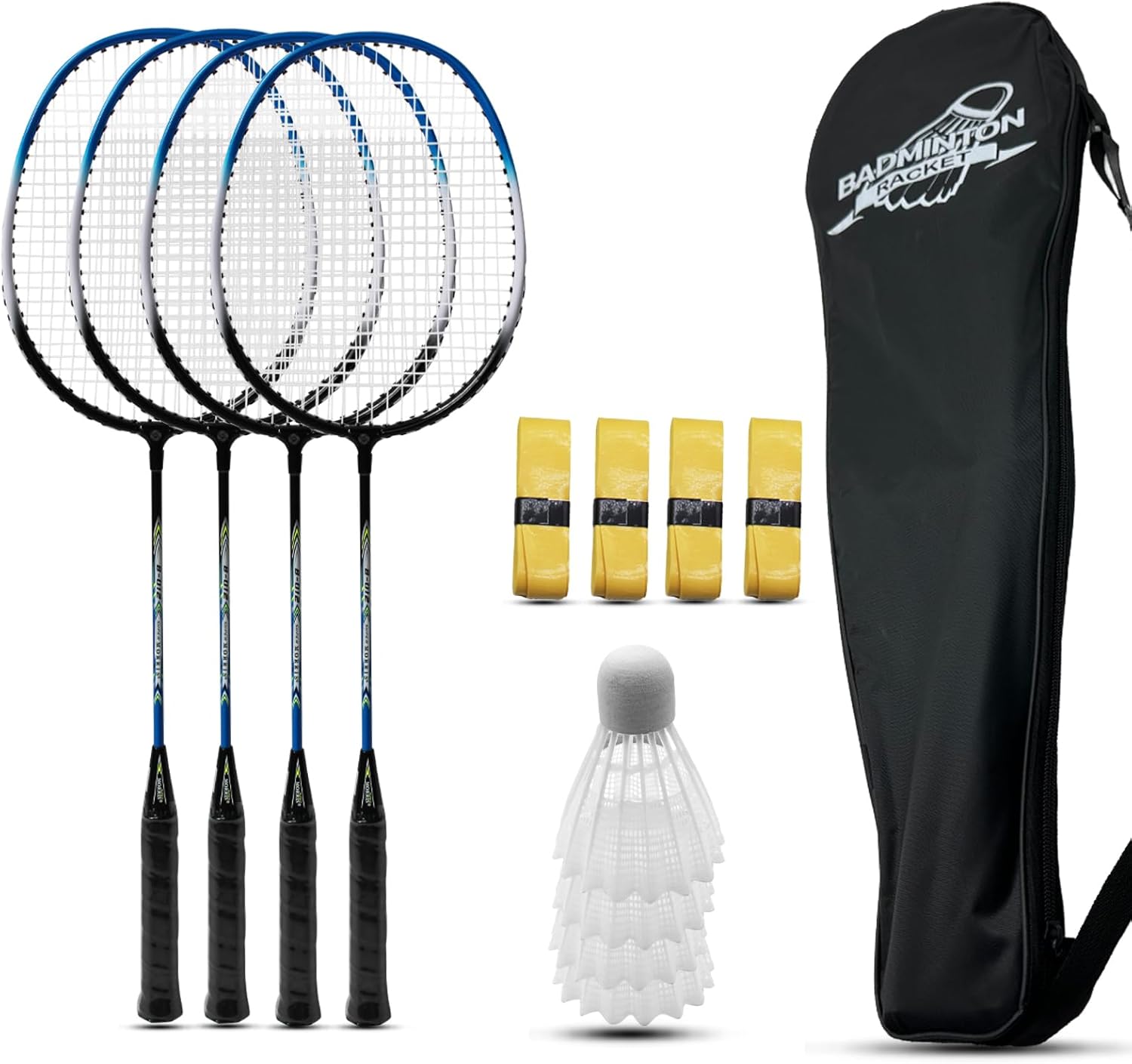Magicorange Set di 4 racchette da badminton per giochi all'aperto, tra cui 4 racchette, 4 volani, 4 nastri di ricambio per impugnatura e 1 borsa per il trasporto